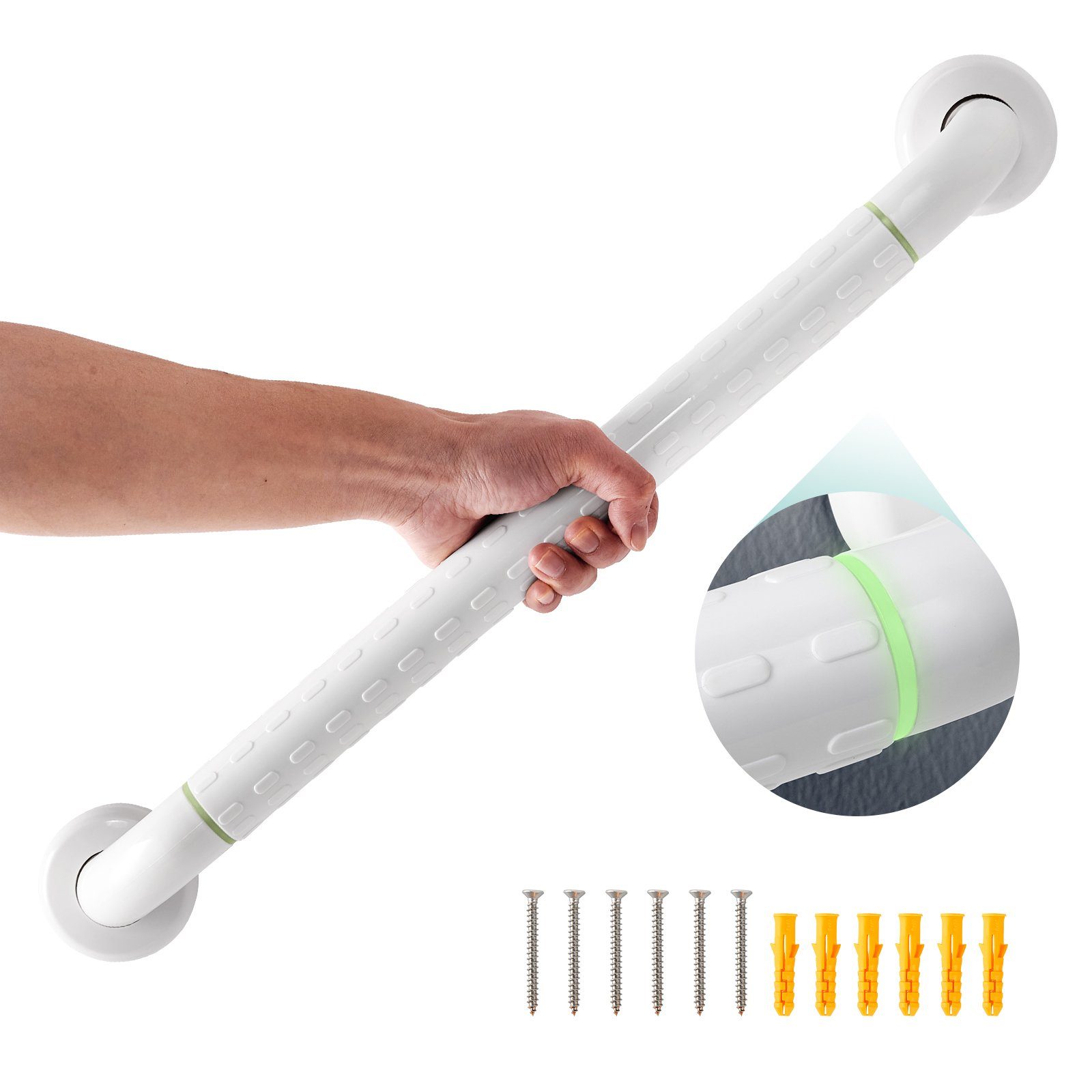 EMKE Haltegriff mit Nylon-Leuchtring, Badezimmer-rutschfester Bad­haltegriff, 30 cm / 40 cm / 50 cm, Weiß, Aluminium-Kern, Nachtleuchtfunktion