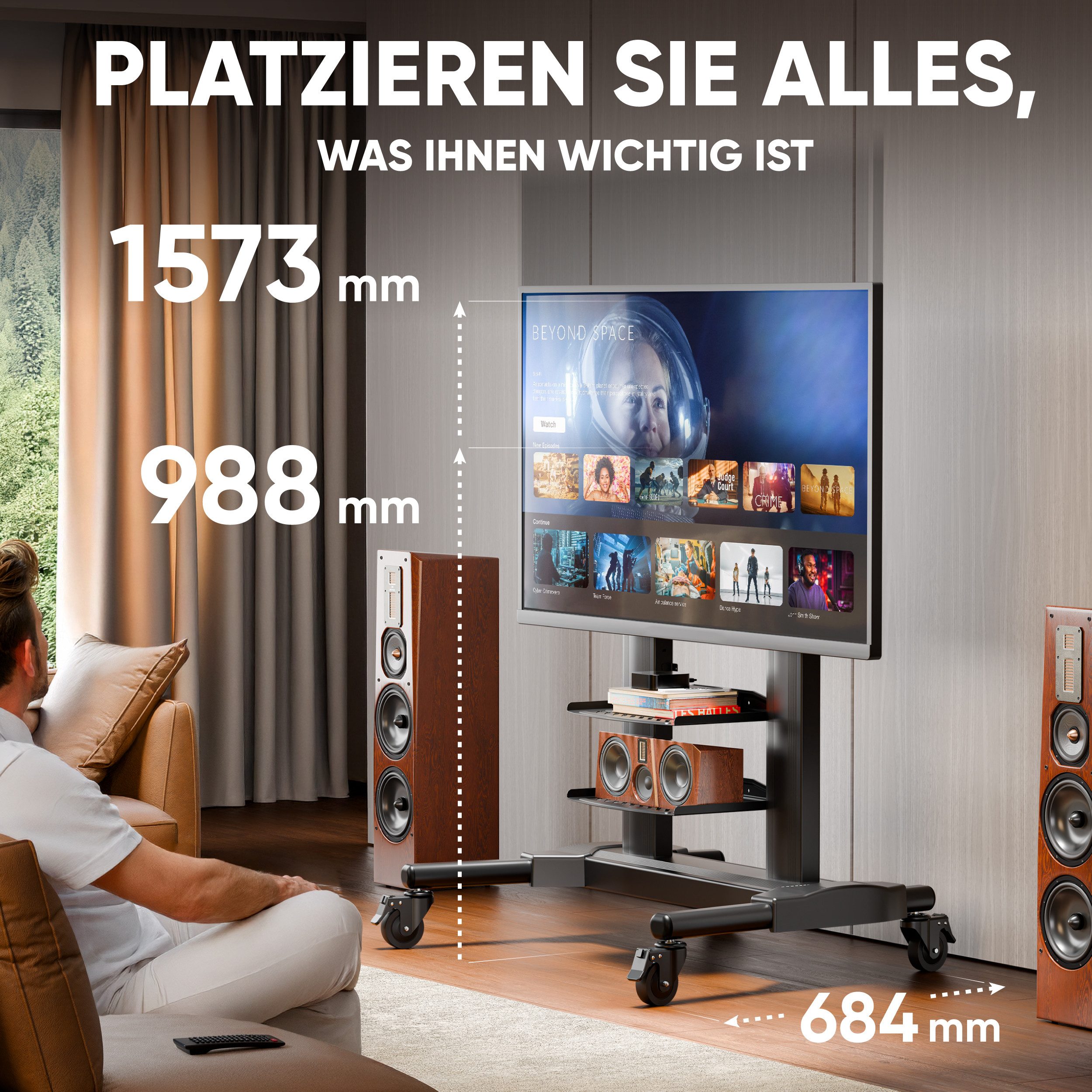 ONKRON TV-Ständer 40-80 Zoll, bis 65.5 kg, VESA 200x200-700x400, TS2771-B, (bis 80 Zoll, rollbar, höhenverstellbar, aus Aluminium, mit 2 Ablagen)
