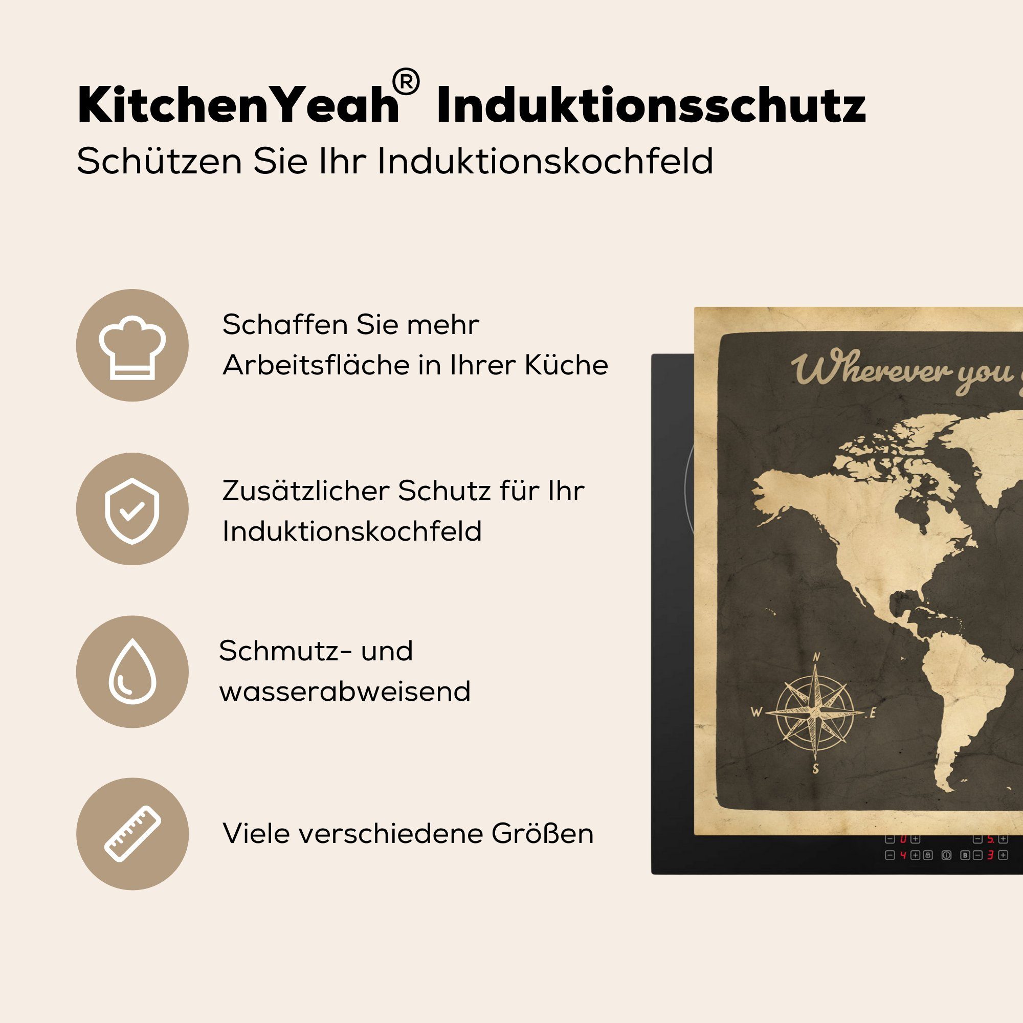 MuchoWow Ceranfeldabdeckung für küche, (1 - tlg), 81x52 Kompassrose - Vinyl, Schutz cm, Zitat, Herdblende-/Abdeckplatte Weltkarte die Induktionskochfeld