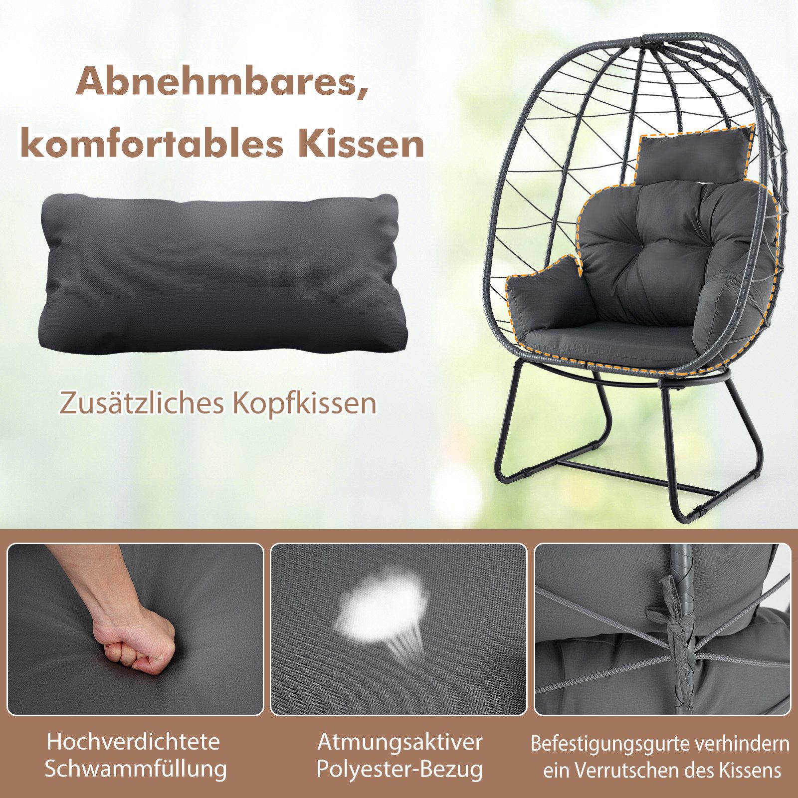 COSTWAY Hängesessel, Korbsessel mit Kissen, aus Rattan & Metall
