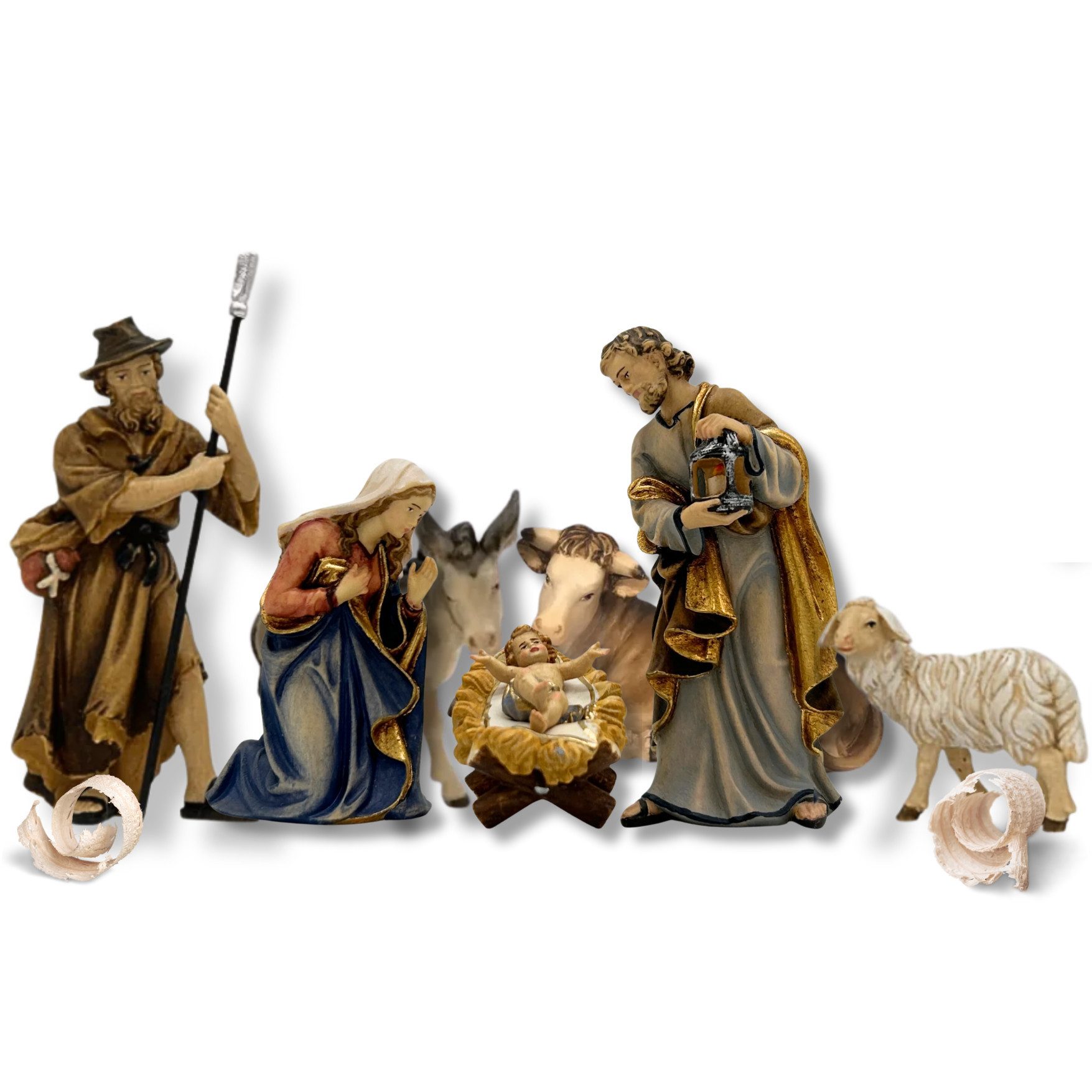 Akantus Krippe Figuren aus Holz: 7-teiliges Kostner Set, Holzgeschnitzt, handbemalt