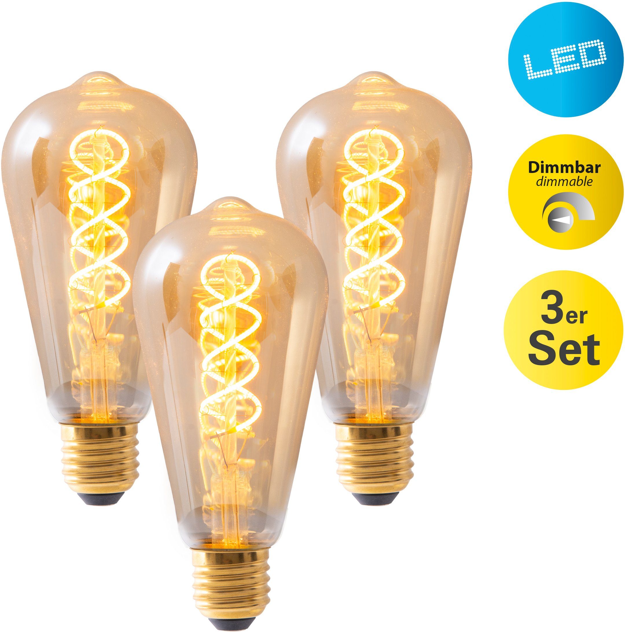 E27, St., 3 Filament Warmweiß, Leuchtmittel Dilly, LED-Leuchtmittel näve Retro