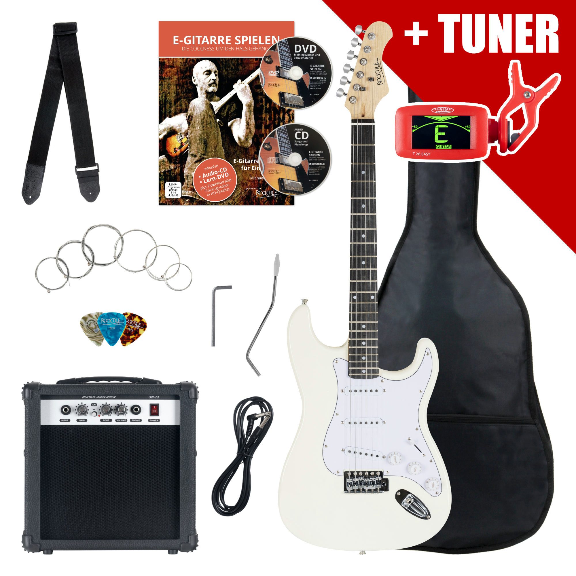 Rocktile E-Gitarre ST-Pack Komplettset E-Gitarre - Ideal für kommende Gitarren-Stars!, Komplettset, inkl. 10 Watt (RMS) Verstärker und Stimmgerät