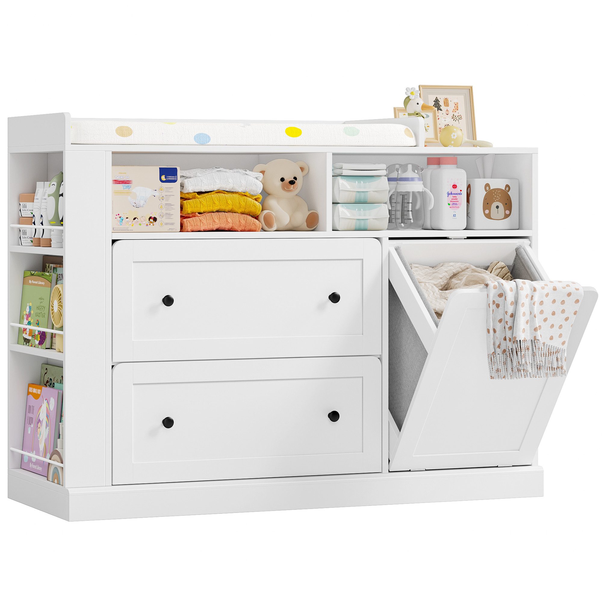 Homfa Wickelkommode Wickeltisch Kommode mit 2 Schubladen, mit 1 Wäschekorb und 3 seitlichen Ablagen, 120x48x91,5cm, Weiß