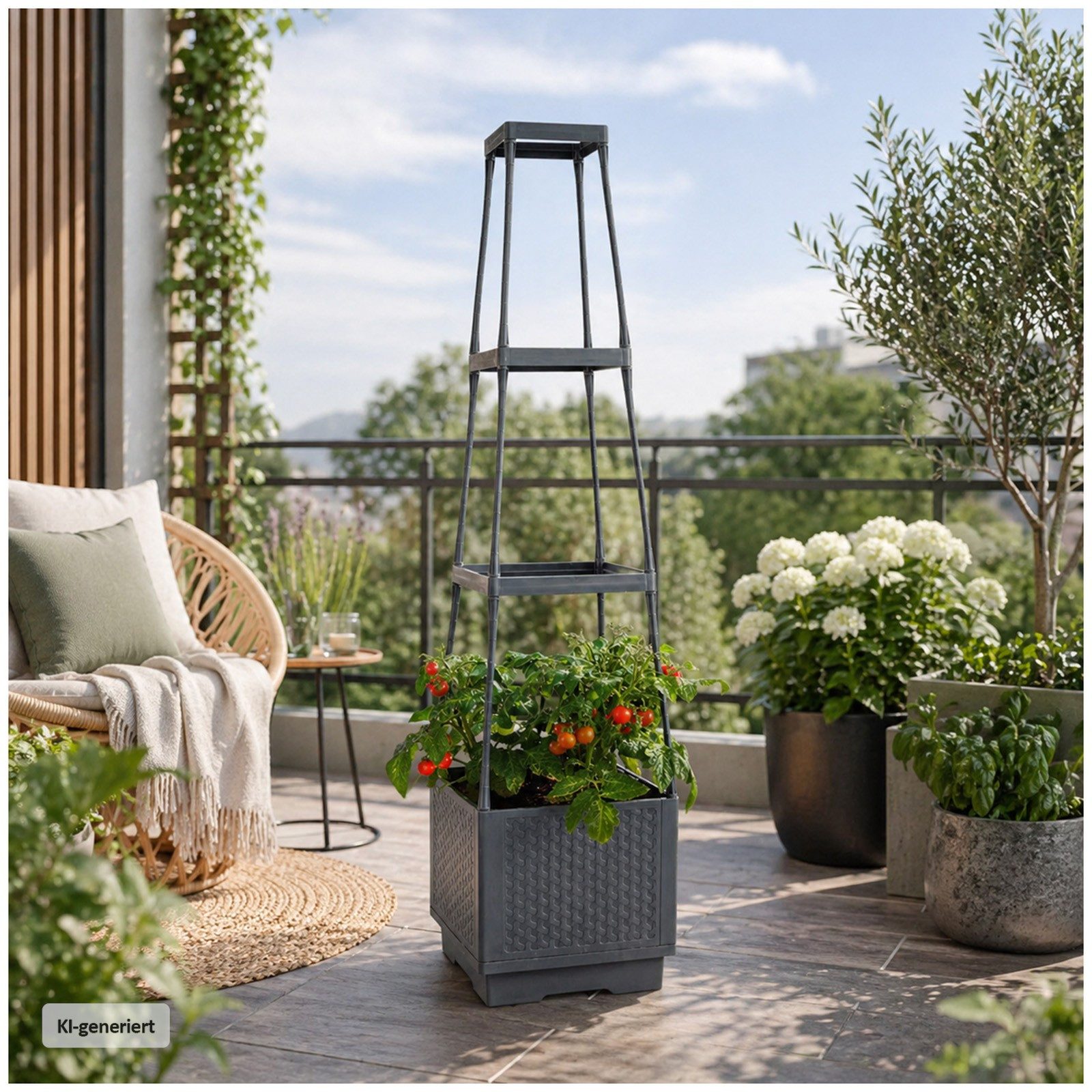 HTI-Living Pflanzkübel Pflanzturm Nessa Grau mit Rankhilfe (Stück, 1 St., 1 Pflanzkübel mit Rankgitter), für Kletter- und Tomatenpflanzen