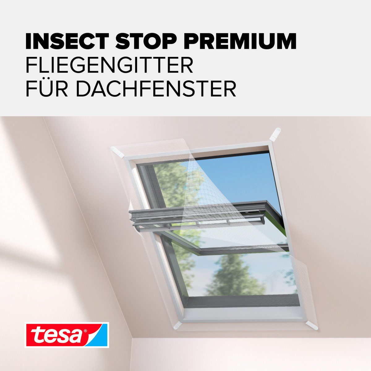 tesa Fliegengitter-Gewebe für Dachfenster Premium, (Packung, 1-St., Fliegennetz, Klettband), mit Klettband, zuschneidbar - Mückenschutz - 120x140 cm