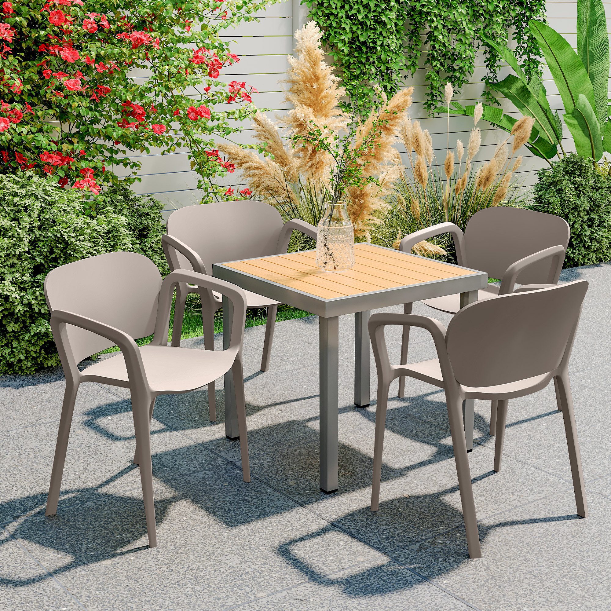 Outsunny Gartenstuhl 4er Set, aus Kunststoff, mit Armlehne, Rückenlehne, stapelbar (wetterfest Gartenstühle, 4 St), bis 120 kg belastbar Gartenmöbel für Hinterhof, Garten, Balkon Grau