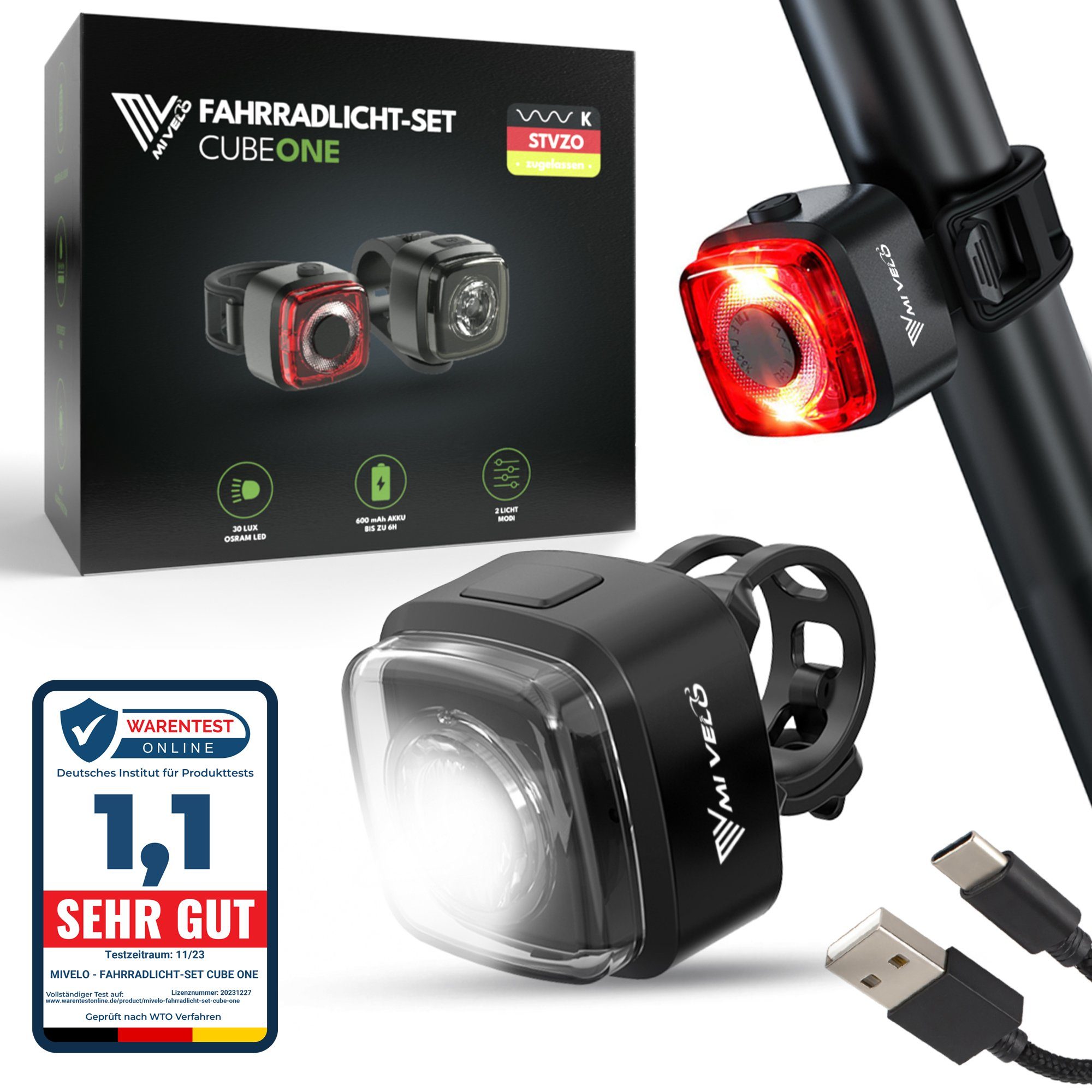 MIVELO Fahrradbeleuchtung CUBE Fahrradlicht Set LED - Akku USB aufladbar wasserdicht, OSRAM LED