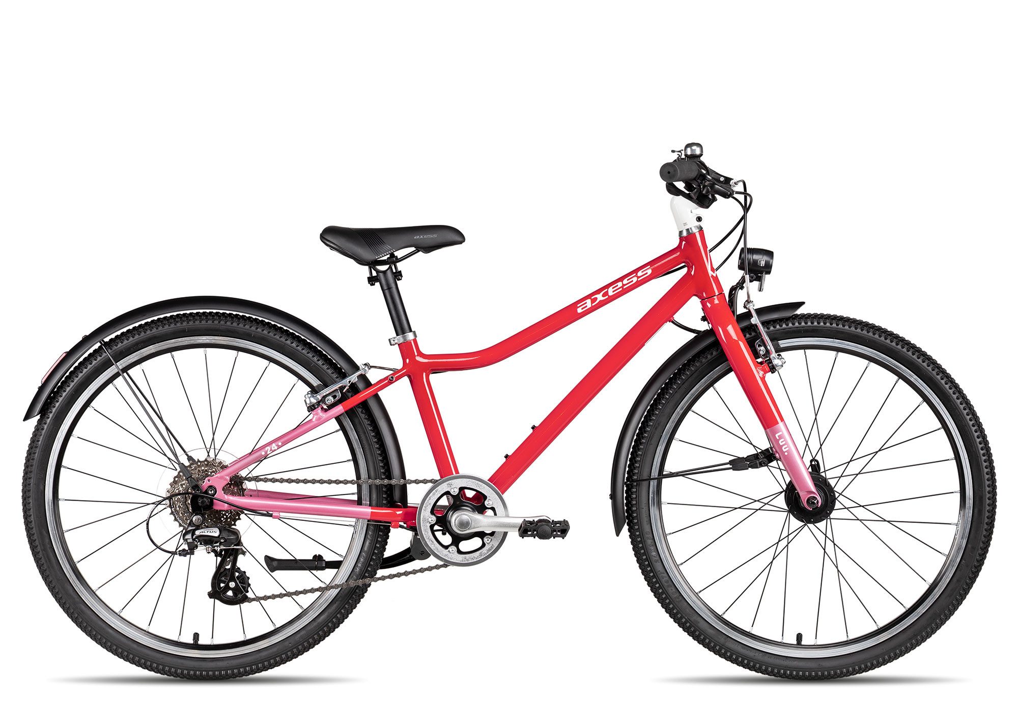 Axess Kinderfahrrad LUU. 24 EQ, 8 Gang Shimano Altus RD-M310-L Schaltwerk, Kettenschaltung, dreifach-konifizierter Aluminiumrahmen rot/orange