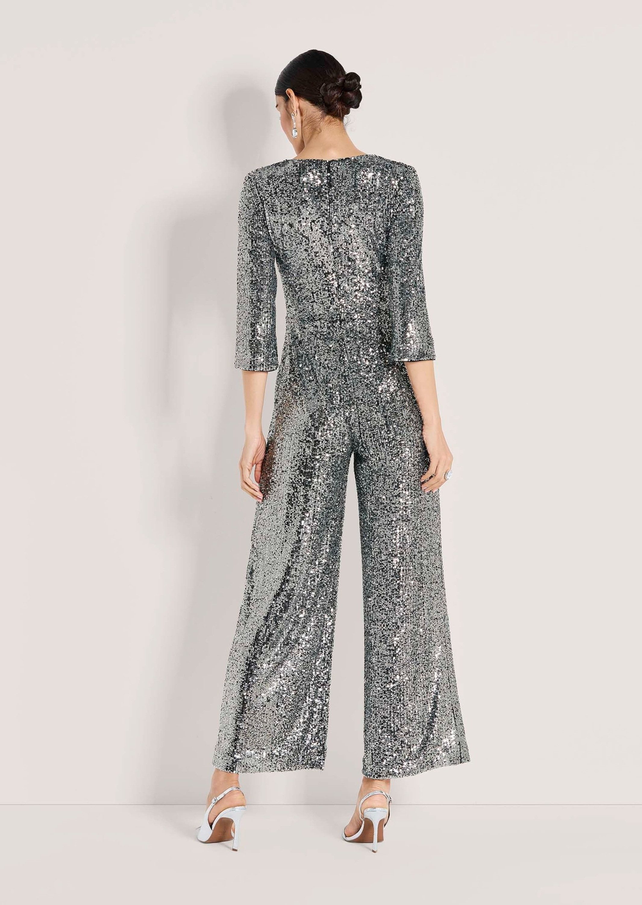 MADELEINE Jumpsuit Eleganter Pailletten-Einteiler Glanzoverall mit V-Ausschnitt, weiten Culotte-Beinen und 3/4-Arm