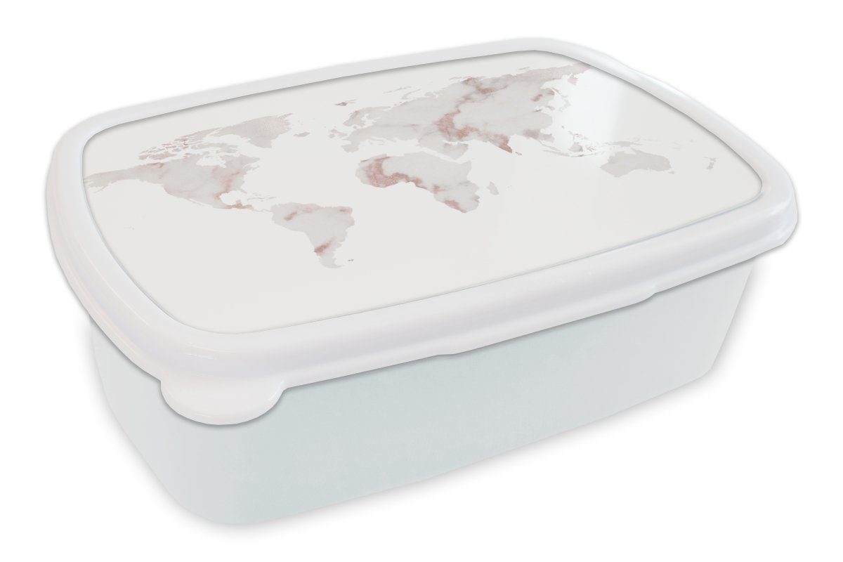 MuchoWow Lunchbox Weltkarte - Marmor - Kupfer, Kunststoff, (2-tlg), Brotbox für Kinder und Erwachsene, Brotdose, für Jungs und Mädchen weiß