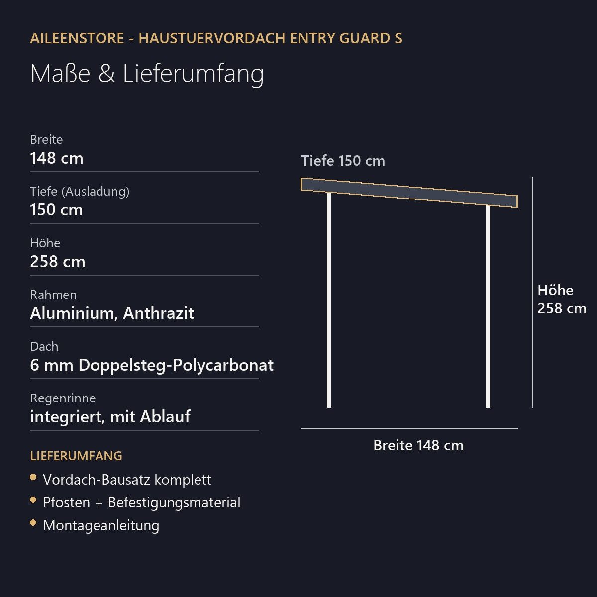 Aileenstore Pultvordach ENTRY (1 St), integrierte Regenrinne mit Wasserablauf