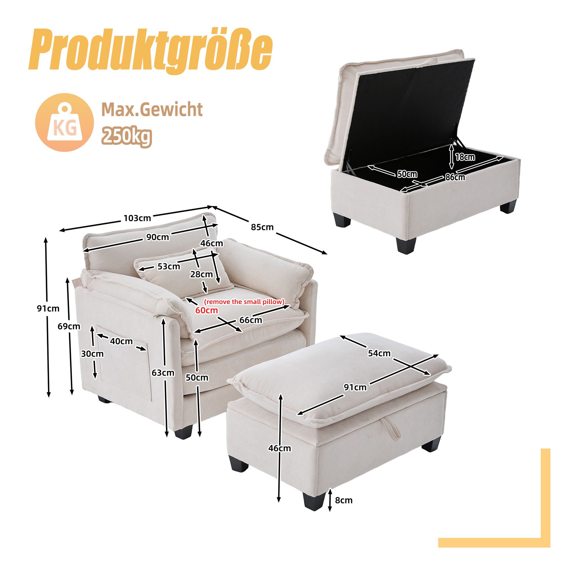 LVHOM XXL-Sessel Großer Samtsessel Set mit Stauhocker/Ottomane & Seitentaschen (Moderner Loungesessel. Übergroße Sitzfläche und -tiefe, Doppelpolster (fest/weich) + Stauraum für maximalen Komfort, Relaxsessel mit Hocker), Relax-Lösung für Wohnzimmer, Schlafzimmer oder kleine Apartments