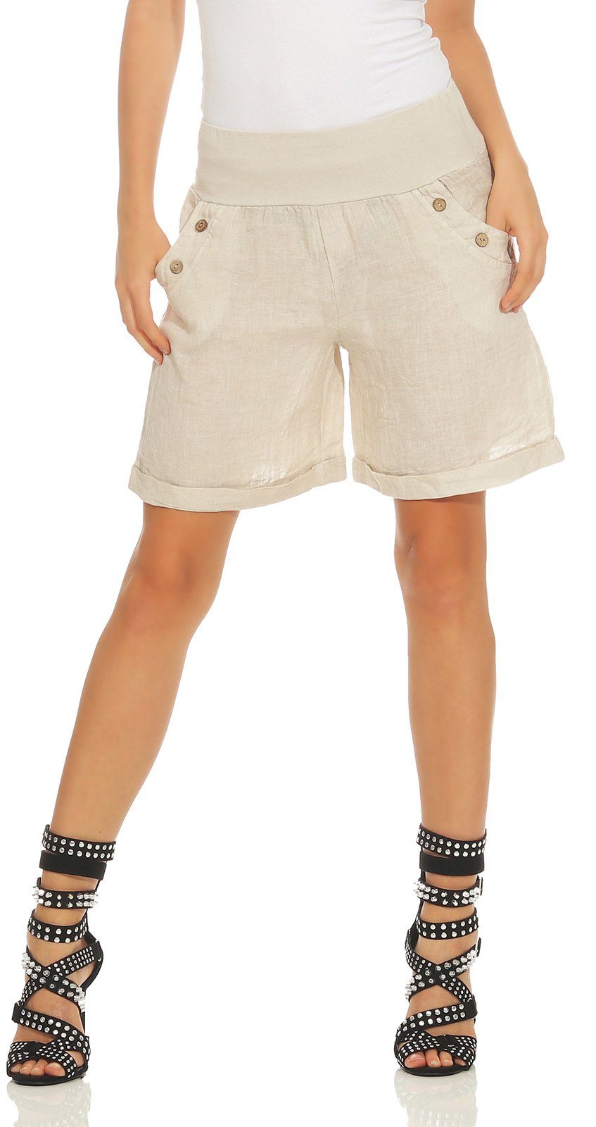 in Leinen Mississhop Leinenhose 100 Damen Unifarbe Hose elastischem mit Bermuda Leinenshorts Bund, % 280 Shorts kurze Beige
