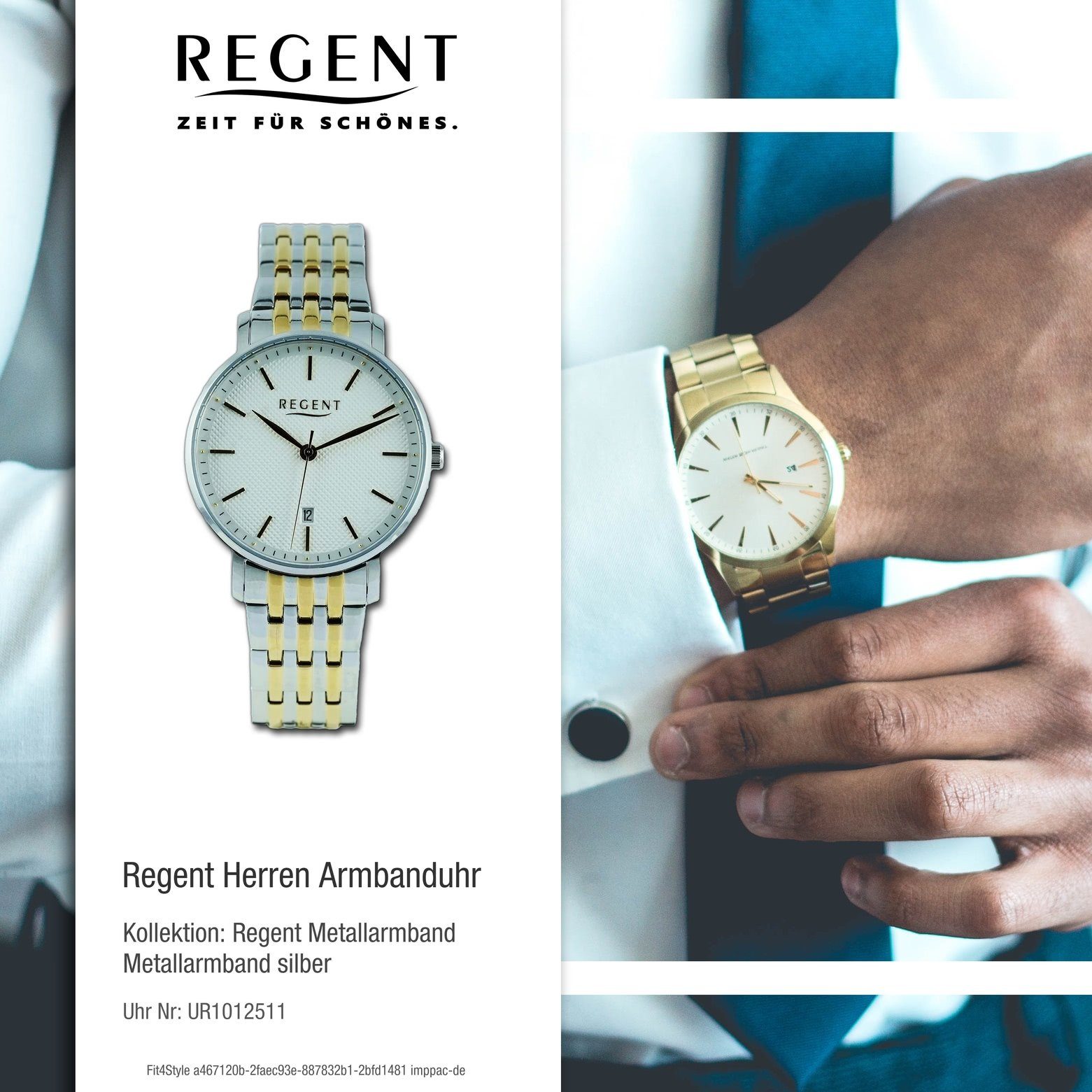 rund, Quarzuhr Herren extra Armbanduhr groß (ca. Analog, 39mm), Armbanduhr Regent Regent Metallarmband Herren