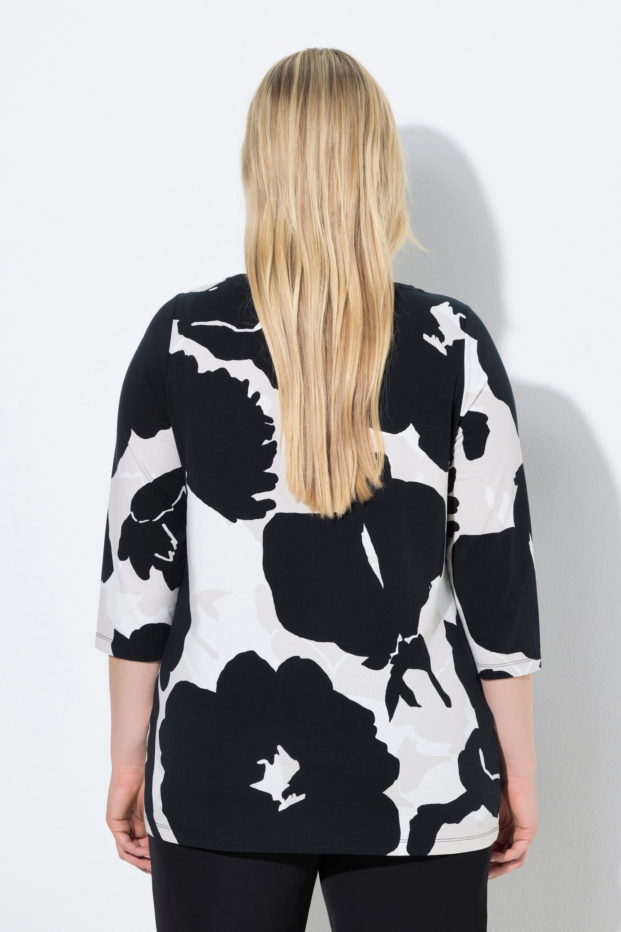 Ulla Popken Longsleeve Shirt Blüten Ziersteine U-Boot-Ausschnitt 3/4-Arm