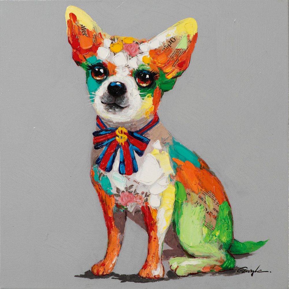 ArtUniverse Gemälde Leinwandbild Bunter Chihuahua mit Schleife 50 x 50 cm, Tiermotiv