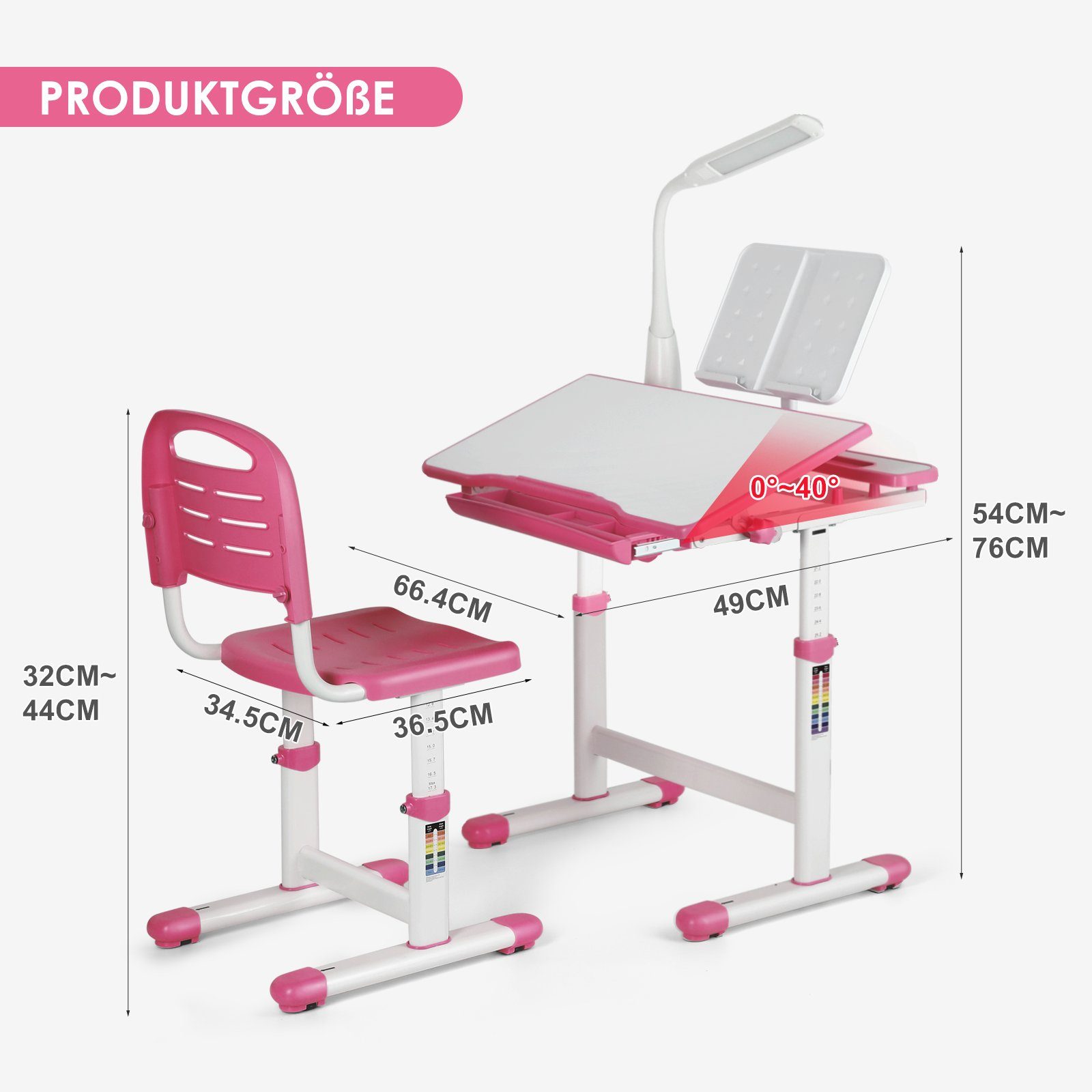 JOYLDIAS Kinderschreibtisch Schülerschreibtisch mit Rosa 66,4 Lampe höhenverstellbar Stuhl und x 76) cm 49 x - (54 Schublade, Tischgröße