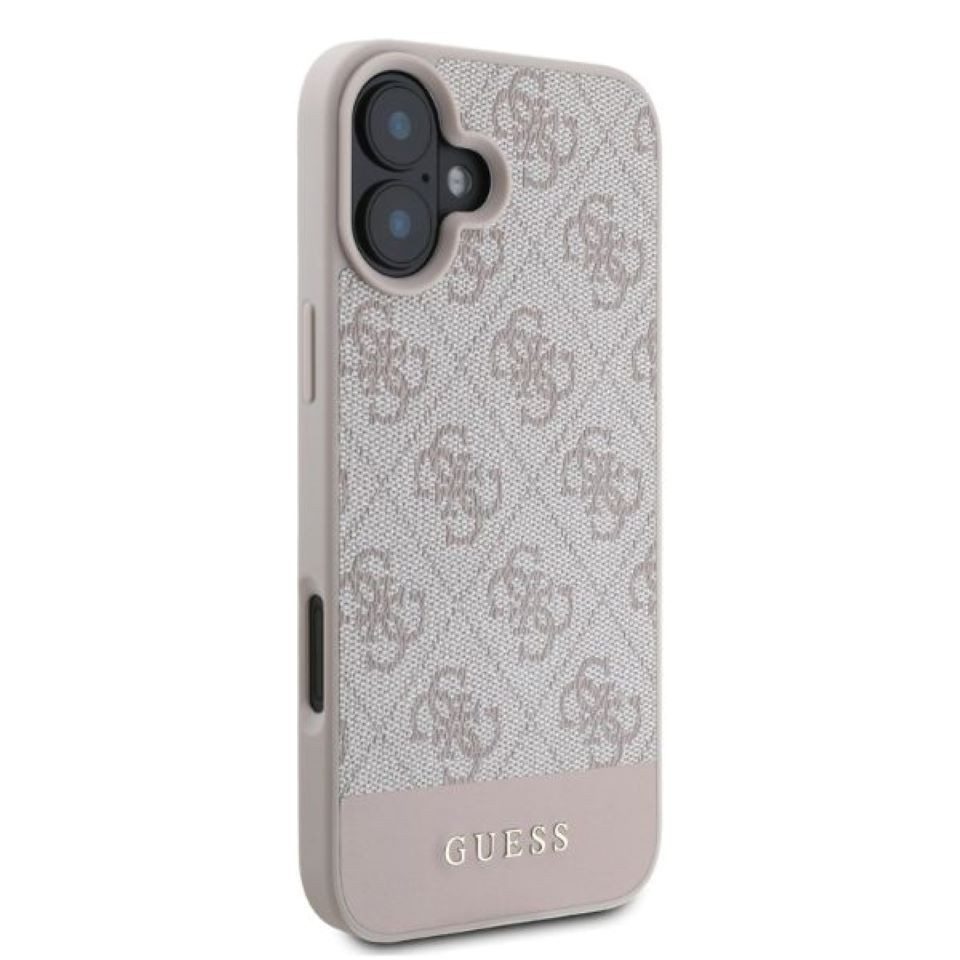 Guess Handyhülle iPhone 16 Kunstleder Muster rosa Logo Schrift goldfarbig