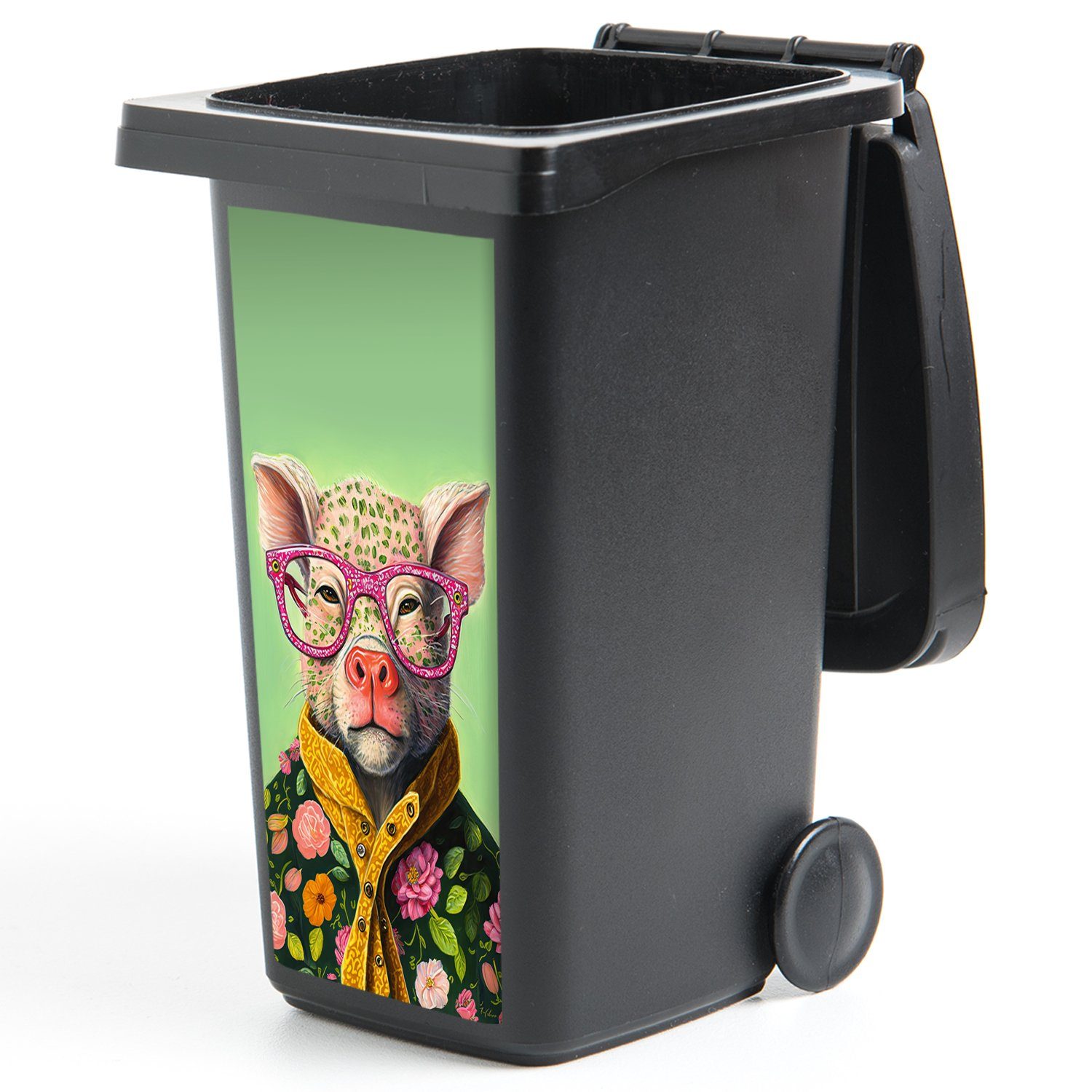 MuchoWow Wandsticker Brille - Rosa - Abfalbehälter Container, - Schwein Sticker, Mülltonne, Blumen (1 - Tier St), Mülleimer-aufkleber