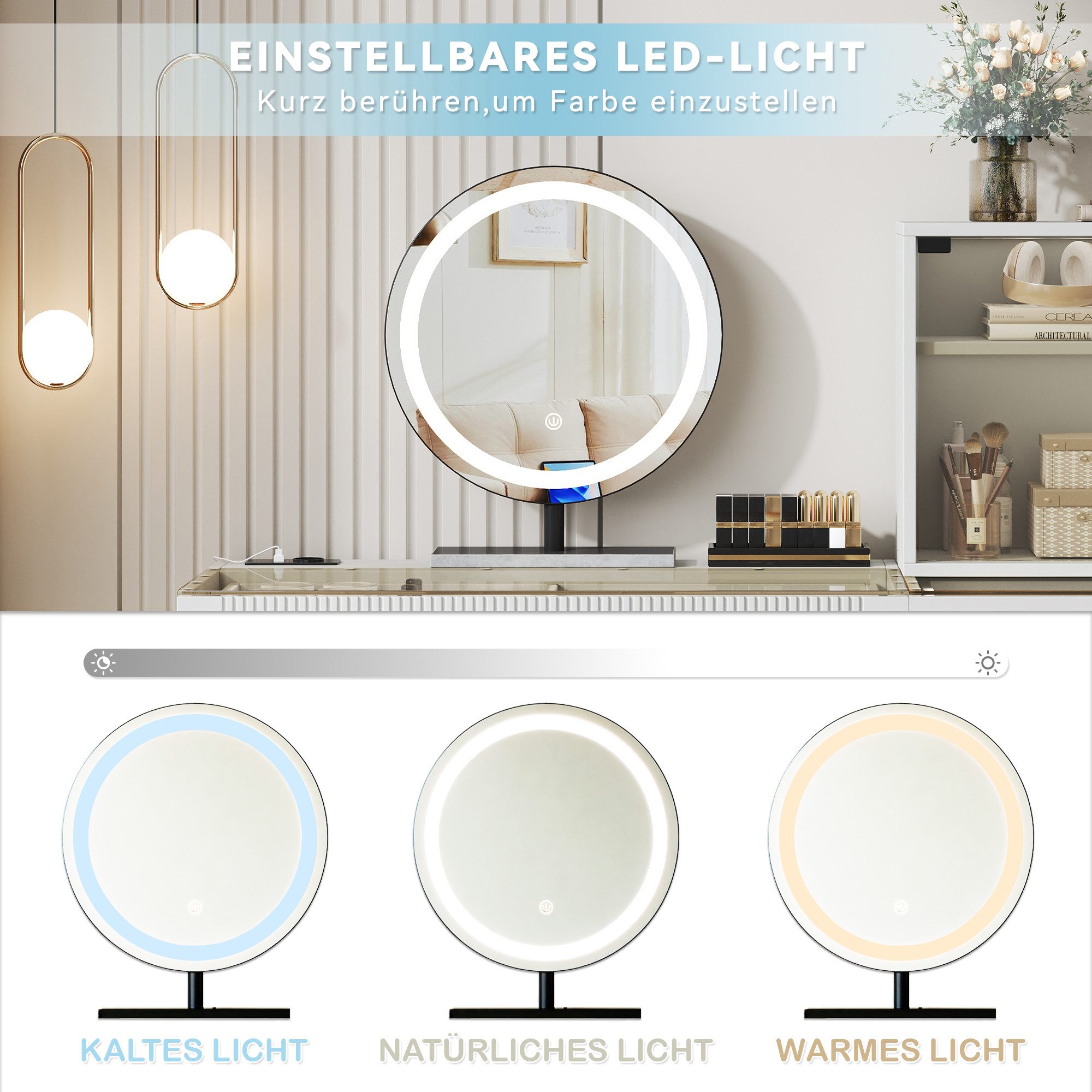 i@home Schminktisch mit LED-Beleuchtungsspiegel (1 Schminktisch mit Spiegel), Glasplatte, 5 Schubladen und 1 Schrank; weiß, Maße: B120*T40*H120 cm