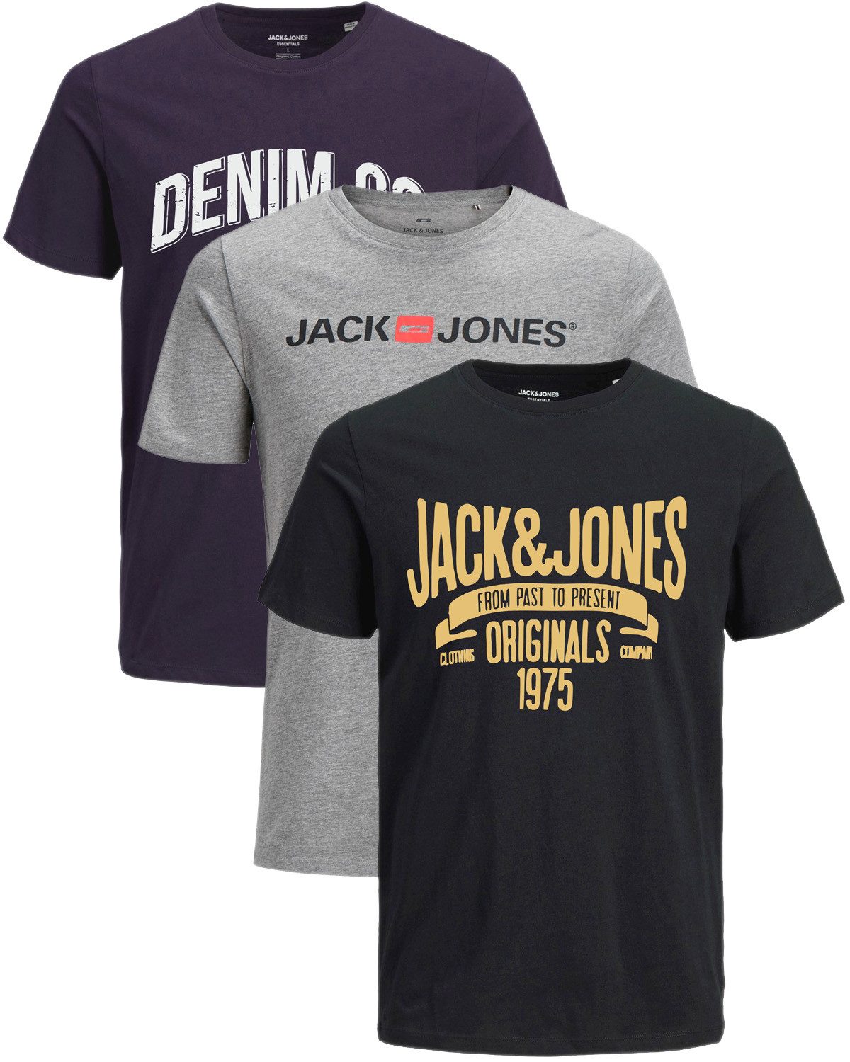 Jack & Jones Print-Shirt Bequemes Slimfit Shirt (Spar-Set, 3er-Pack) in Unifarbe mit Print