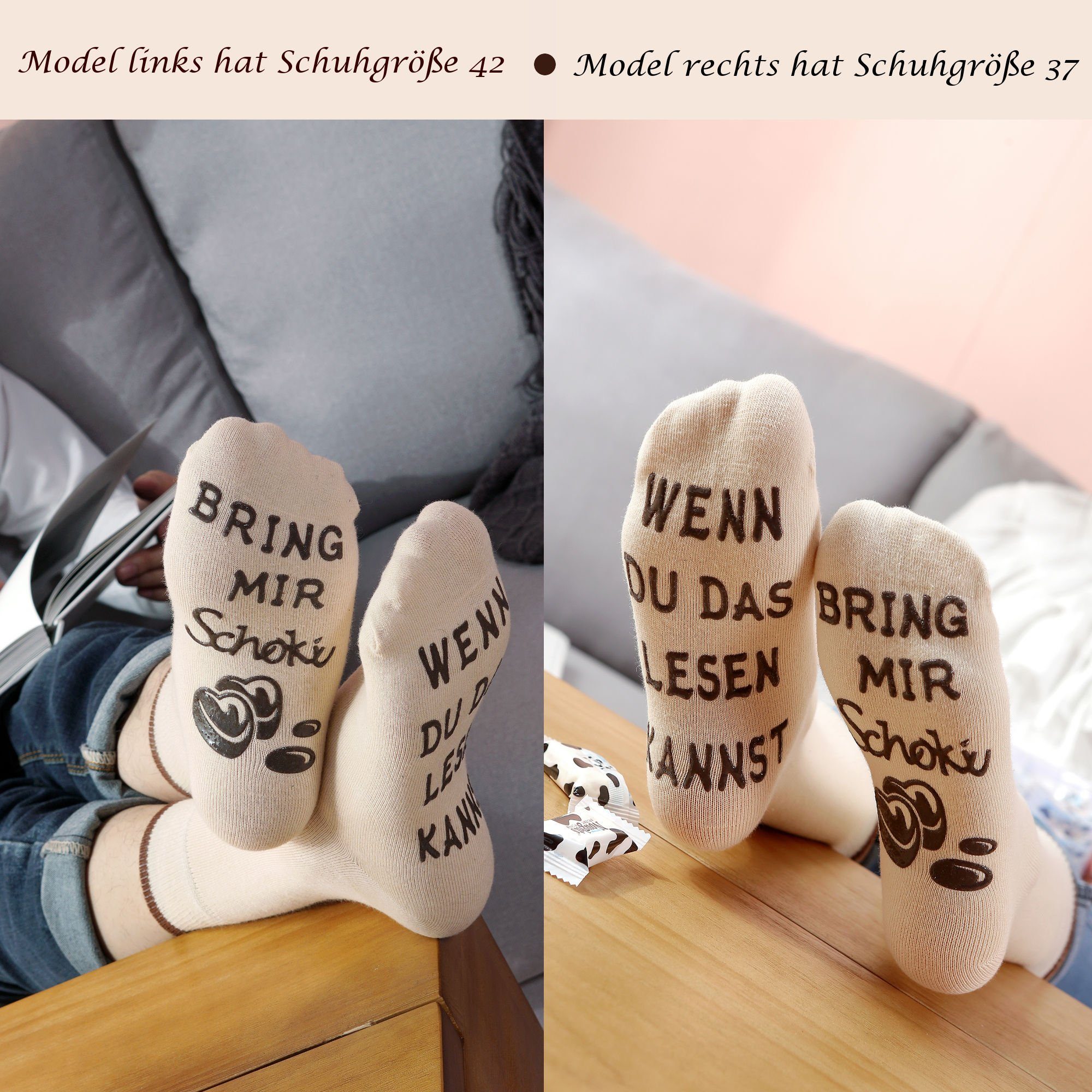 Lucadeau Freizeitsocken Schoki-Socken mit Spruch, Wenn du das lesen kannst, bring mir Schoki (1 Paar) Bring mir Schoki, rutschfest, Gr. 37-43, Geburtstagsgeschenk