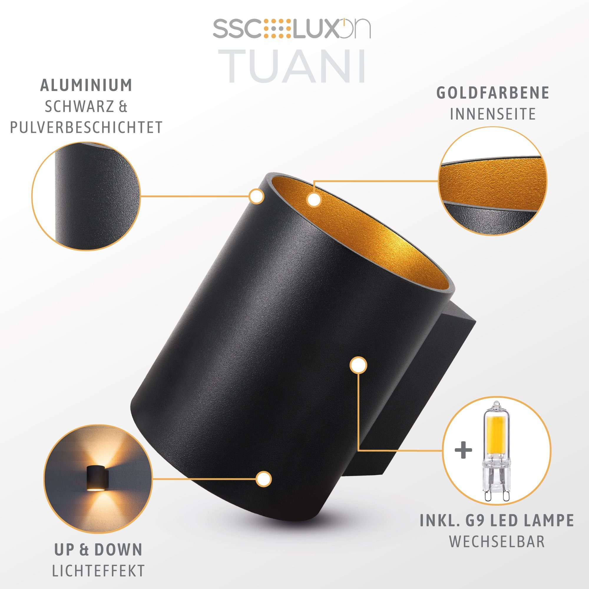 G9 Wandleuchte SSC-LUXon mit schwarz warmweiß, gold LED Warmweiß TUANI Wandleuchte LED Up Down