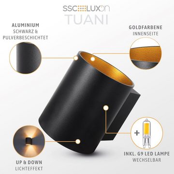 SSC-LUXon LED Wandleuchte TUANI Wandleuchte schwarz gold Up Down mit LED G9 warmweiß, Warmweiß