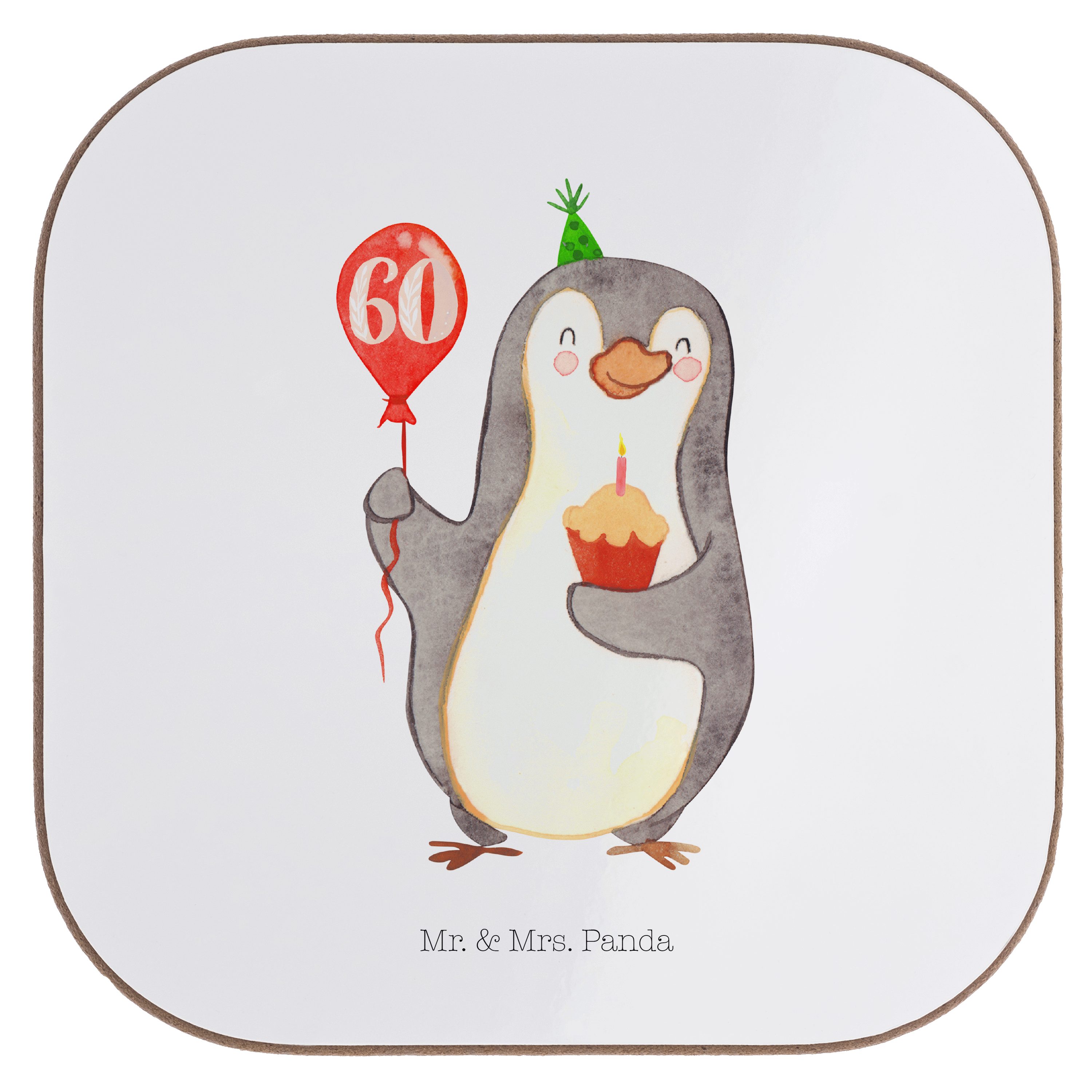 Mr. & Mrs. Panda Getränkeuntersetzer 60. Geburtstag Pinguin Luftballon - Weiß - Geschenk, Happy Birthday, 1-tlg.