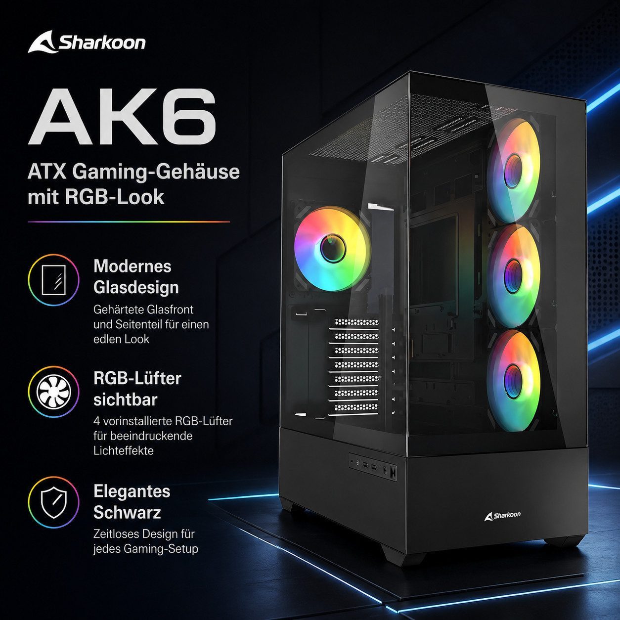 Sharkoon PC-Gehäuse RGB Gaming PC Gehäuse AK6 ATX Computer Tower Computergehäuse, Gaming Gehäuse Computer-Gehäuse Micro PC Computer Gaming Tower