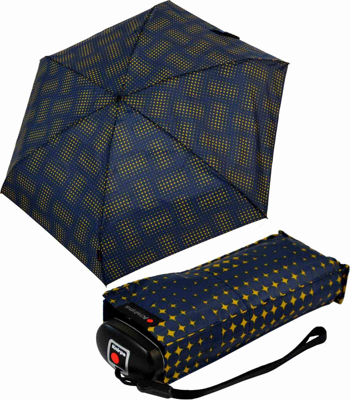 Knirps® Taschenregenschirm Mini-Schirm Travel klein leicht kompakt - stars, der zuverlässige Begleiter, der in jede Tasche passt navy-blau-gelb
