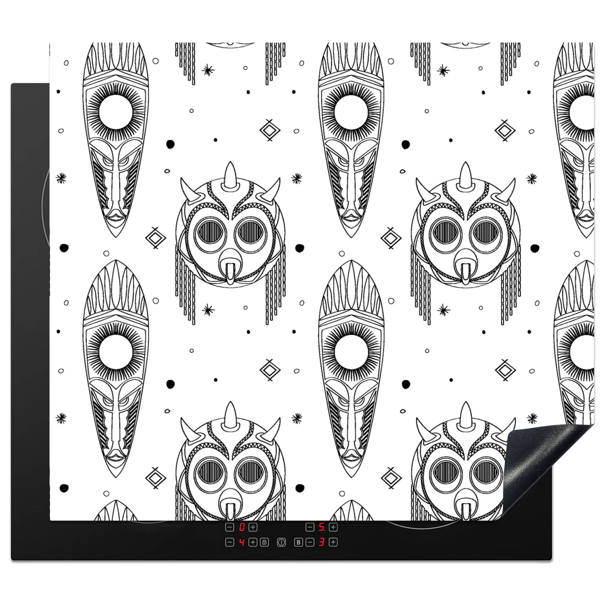 MuchoWow Herdblende-/Abdeckplatte Maya Masken nutzbar, Arbeitsfläche - Schwarz Mobile (1 - Ceranfeldabdeckung und weiß - Muster, Vinyl, cm, tlg), 60x52