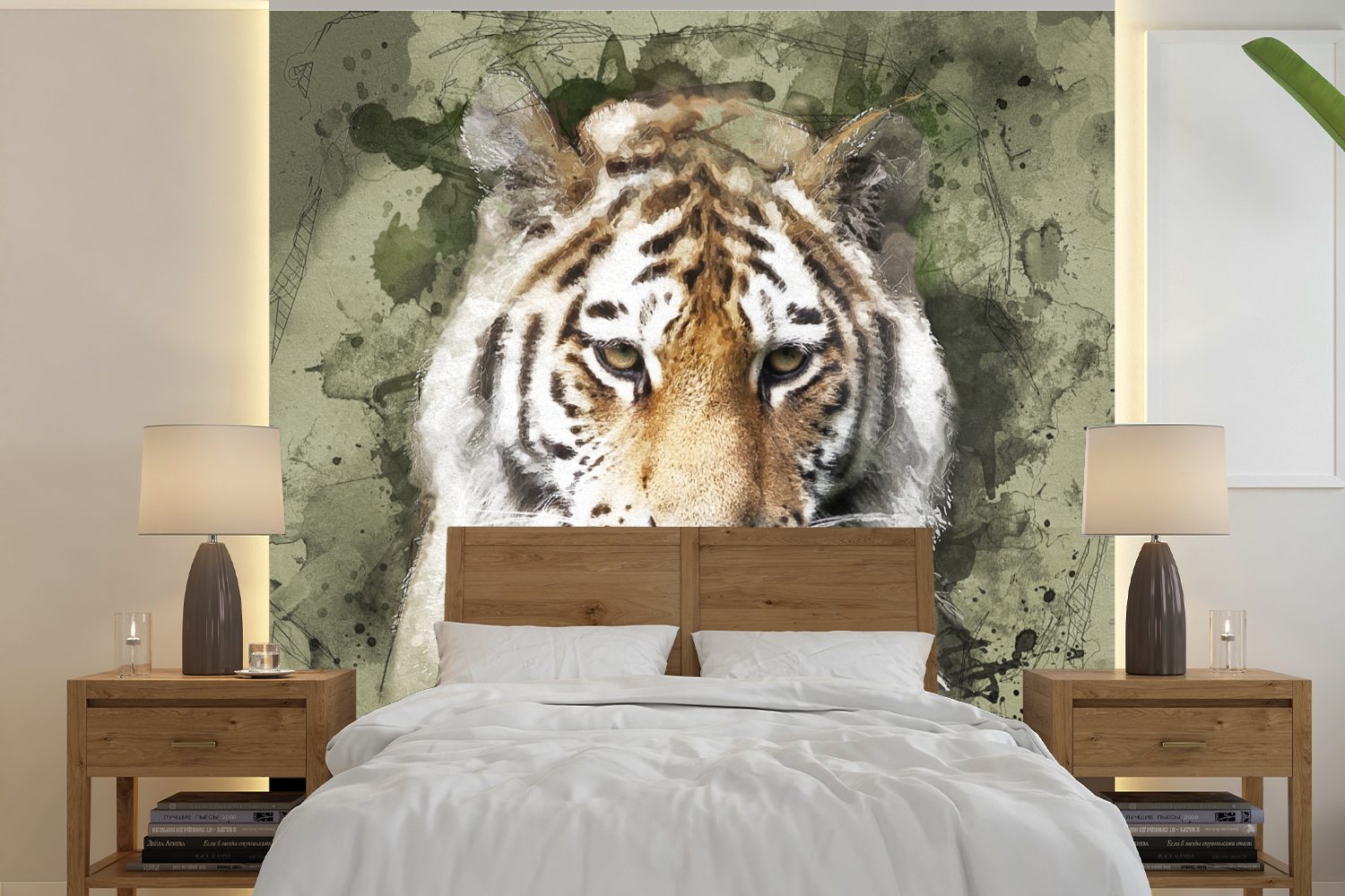 bedruckt, Aquarell Tapete Tiger Schlafzimmer, Vinyl oder MuchoWow Wohnzimmer Wandtapete - (5 für Matt, Grün, St), - Fototapete