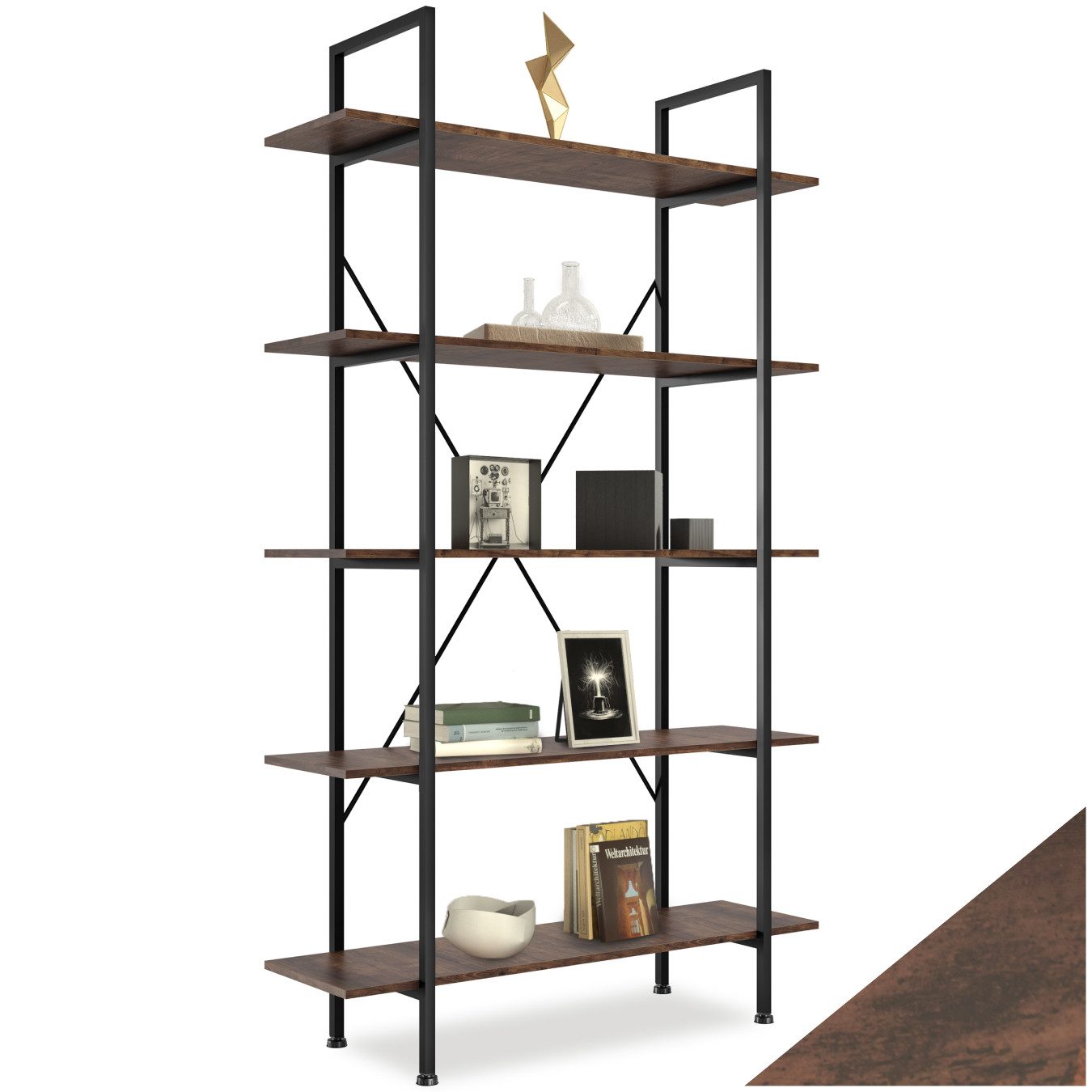 tectake Bücherregal Standregal, inklusive Kippschutz, 106 x 34,5 x 179,5 cm, Holzregal Glasgow 1-tlg., mit 5 Ebenen, mit höhenverstellbaren Kunststofffüßen