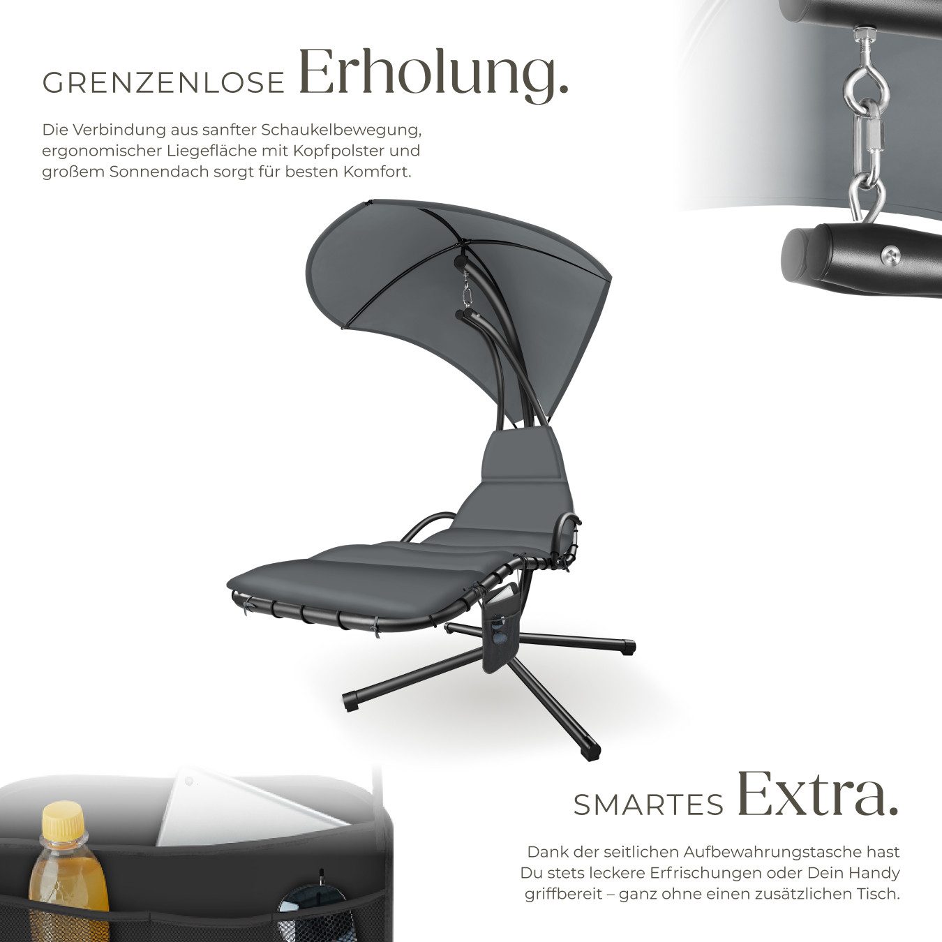 tectake Hängesessel Hängeliege mit Seitentasche, ergonomisch, 195 x 132 x 197 cm (Hängekorb Elaria, für indoor und outdoor in grau), großes Sonnendach mit UV-Schutz, stabil und strapazierfähig