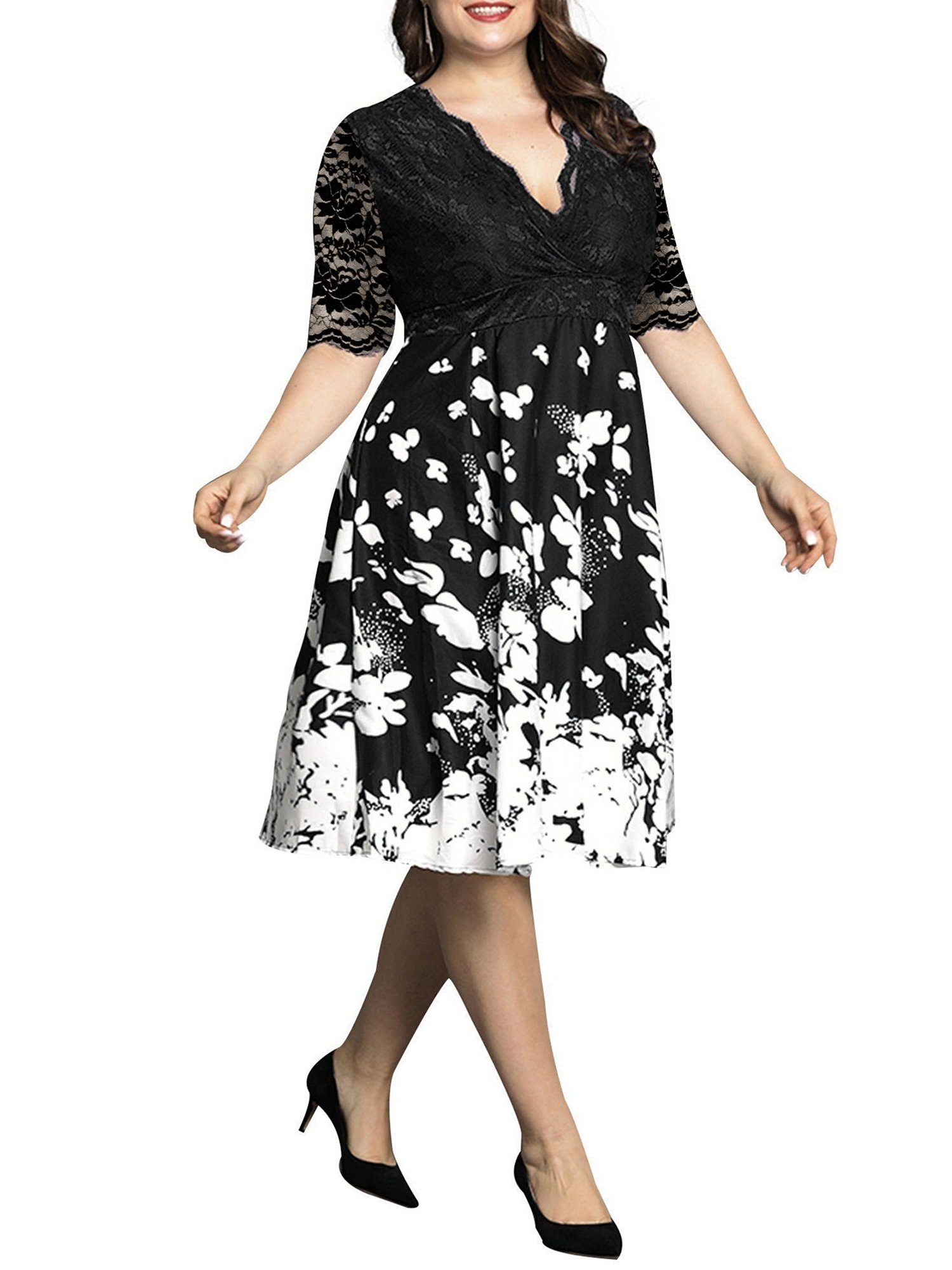 DYMADE Abendkleid Damen Übergröße Elegantes A-Linien-Kleid mit Spitze 44-54 Größe