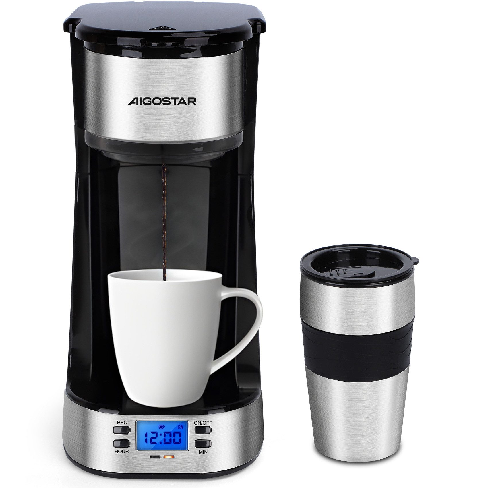 Aigostar Filterkaffeemaschine mit Thermobecher, 420 ml, 750W, AutoClean-Funktion, 24H Timer, Edelstahl, Abnehmbarer Filter, 750W, 420 ml, Mit 24h-Timer, LCD-Anzeige, AutoClean-Funktion
