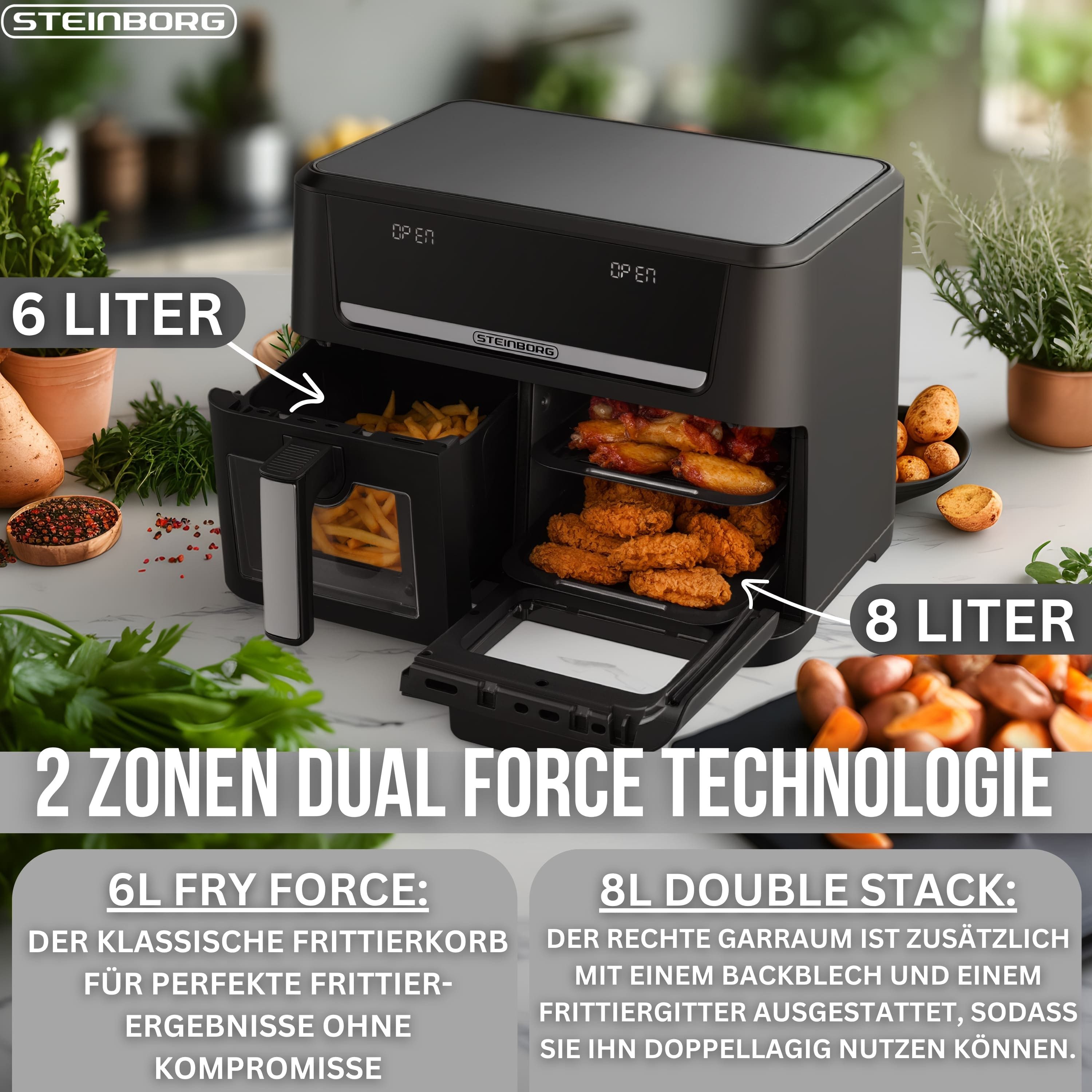STEINBORG Heißluftfritteuse SB-3170, 1700 W, Ideal für eine bewusste Ernährung ohne Verzicht auf Geschmack.