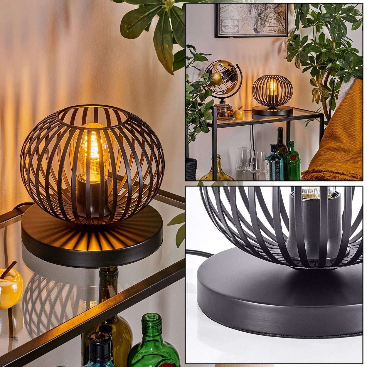 hofstein Tischleuchte Tischlampe aus Metall in Schwarz, ohne Leuchtmittel, Retro Gittschirm Leuchte (20cm), Schalter, 1 x E27, ohne Leuchtmittel