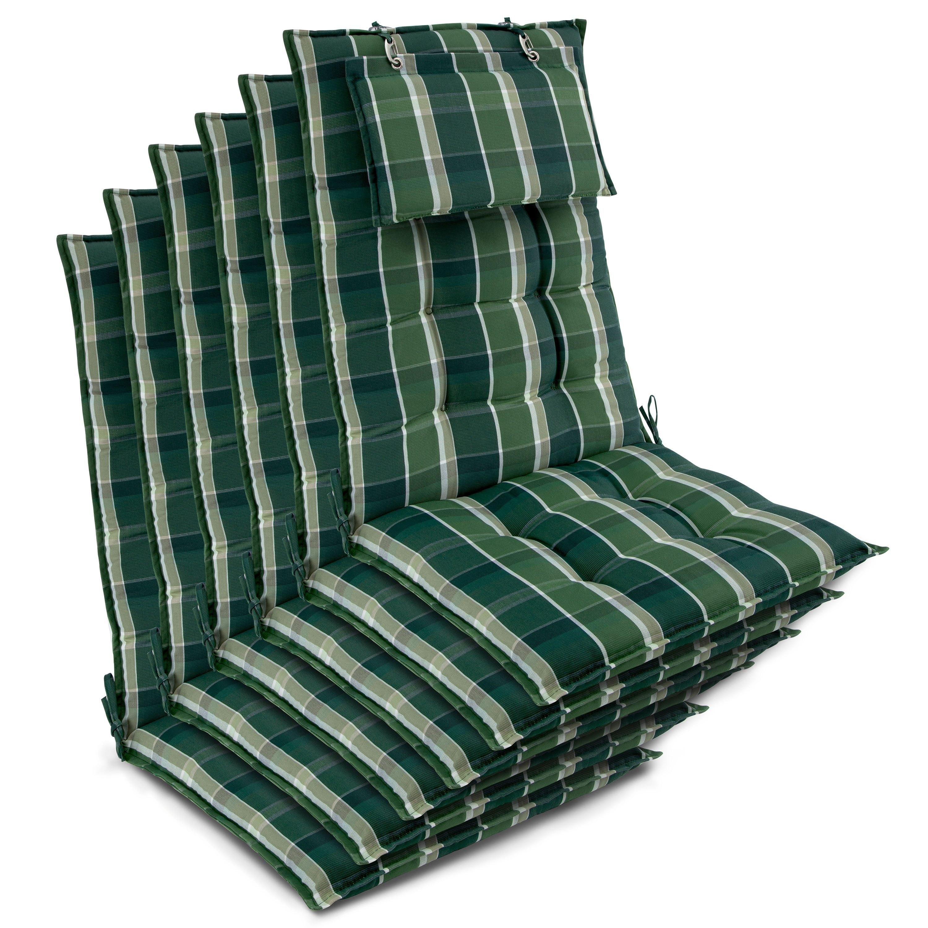 Beautissu Hochlehnerauflage 6er Set Sun-HL Hochlehner Auflage 120x50x8cm Grün-Kariert, Mit Kopfpolster, rutschfest & robust – Befestigungsbänder, UV 5