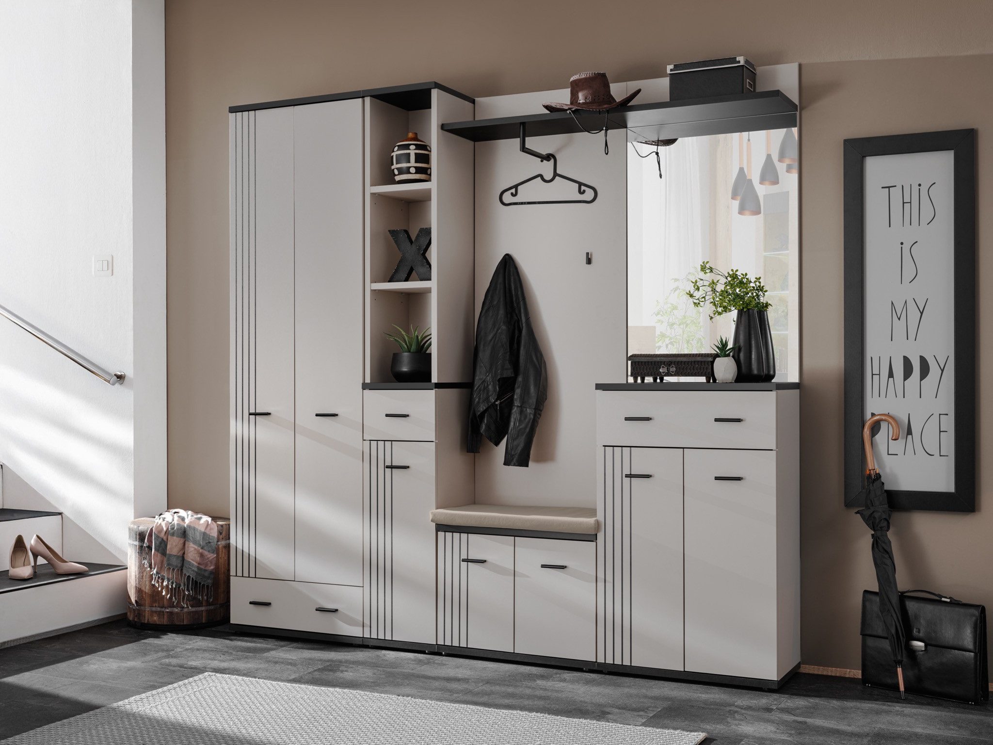 Garderoben-Set Flurgarderobe Schuhschrank Wandpaneel HUGO IV mit Sitzbank und Spiegel