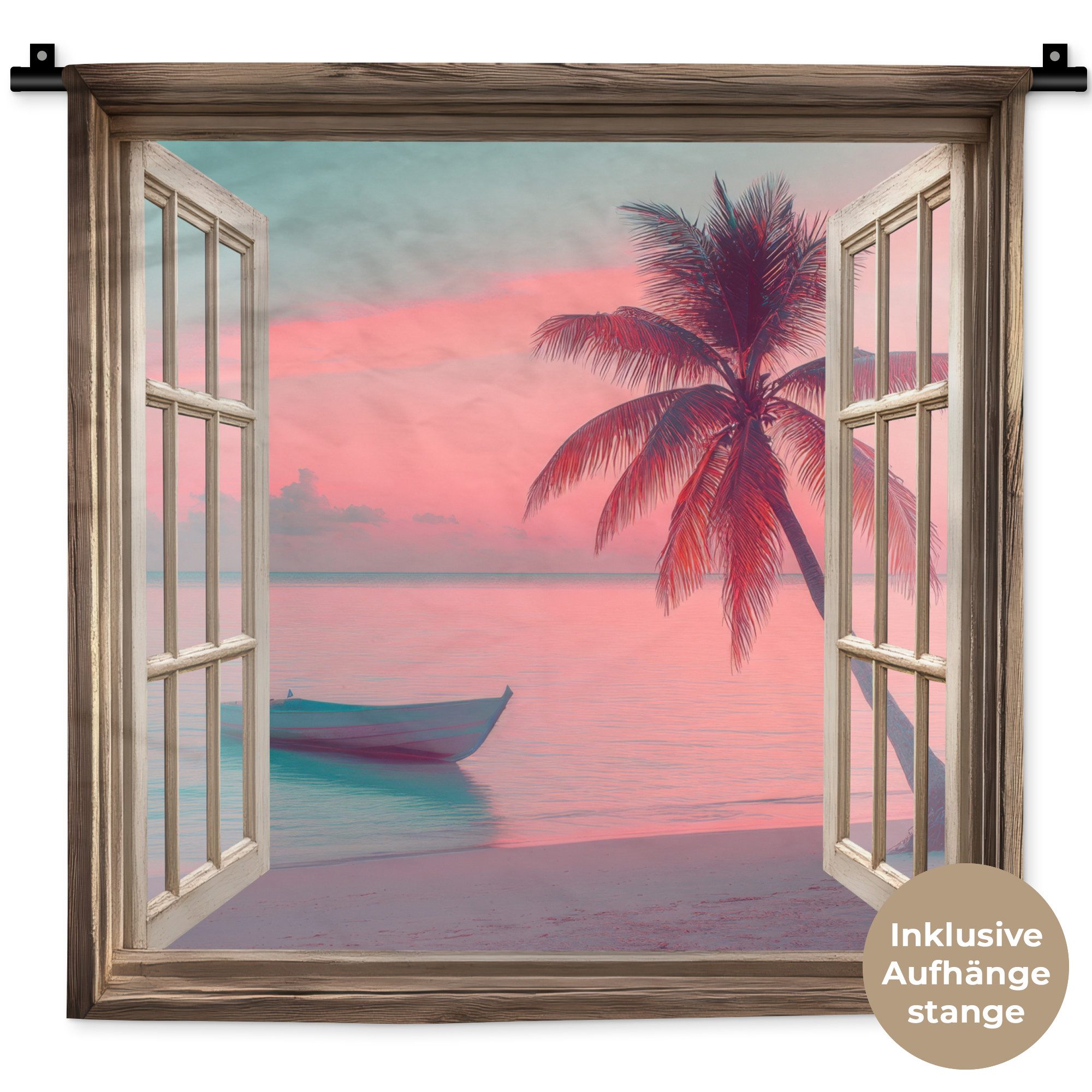 MuchoWow Wandteppich Durchblick - Strand - Palme - Tropisch, Quadratisch, Höhe: 3 mm, Wand Teppich, Deko für an den Wand, 60x60 cm