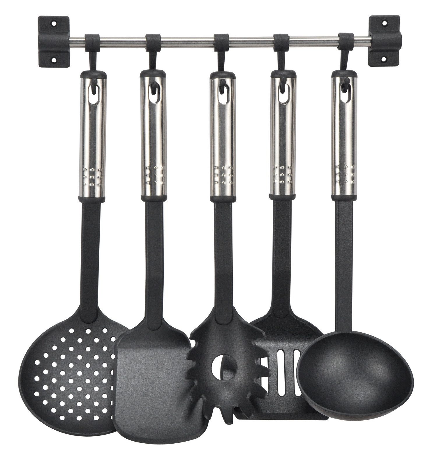 Haushalt International Küchenorganizer-Set Küchenhelferset Schaumlöffel Pfannenwender Suppenkelle Spaghettilöffel, (Kochhelfer aus Kunststoff und Edelstahl, 6-tlg., 2 Pfannenwender Schaumlöffel Spaghettilöffell Suppenkelle Leiste), inklusive Aufhängeleiste mit 5 Haken