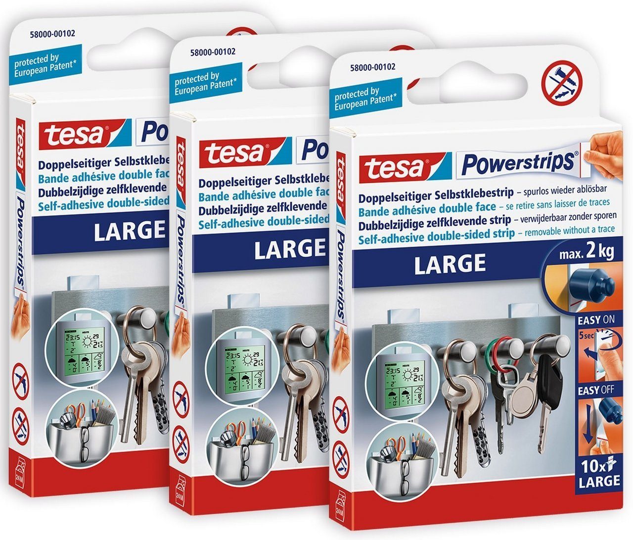 tesa Klebehaken, (Spar-Set, 30-St., 3 x 10 tesa Powerstrips® Large), Klebepads mit max. 2 kg Haltekraft - 3er Pack - je 10 Stück