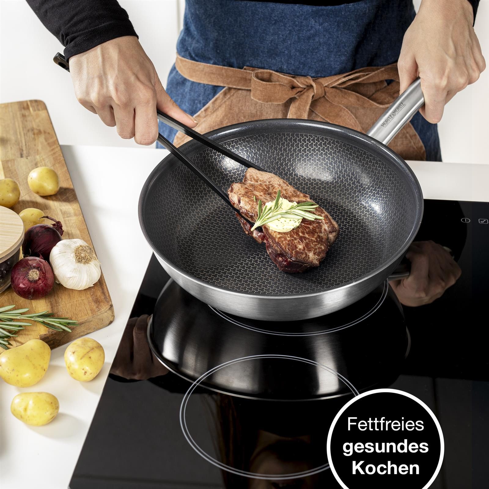 Moritz & Moritz Bratpfanne Pfanne ohne Deckel 28cm runder Rand, 304 Edelstahl, Antihaft