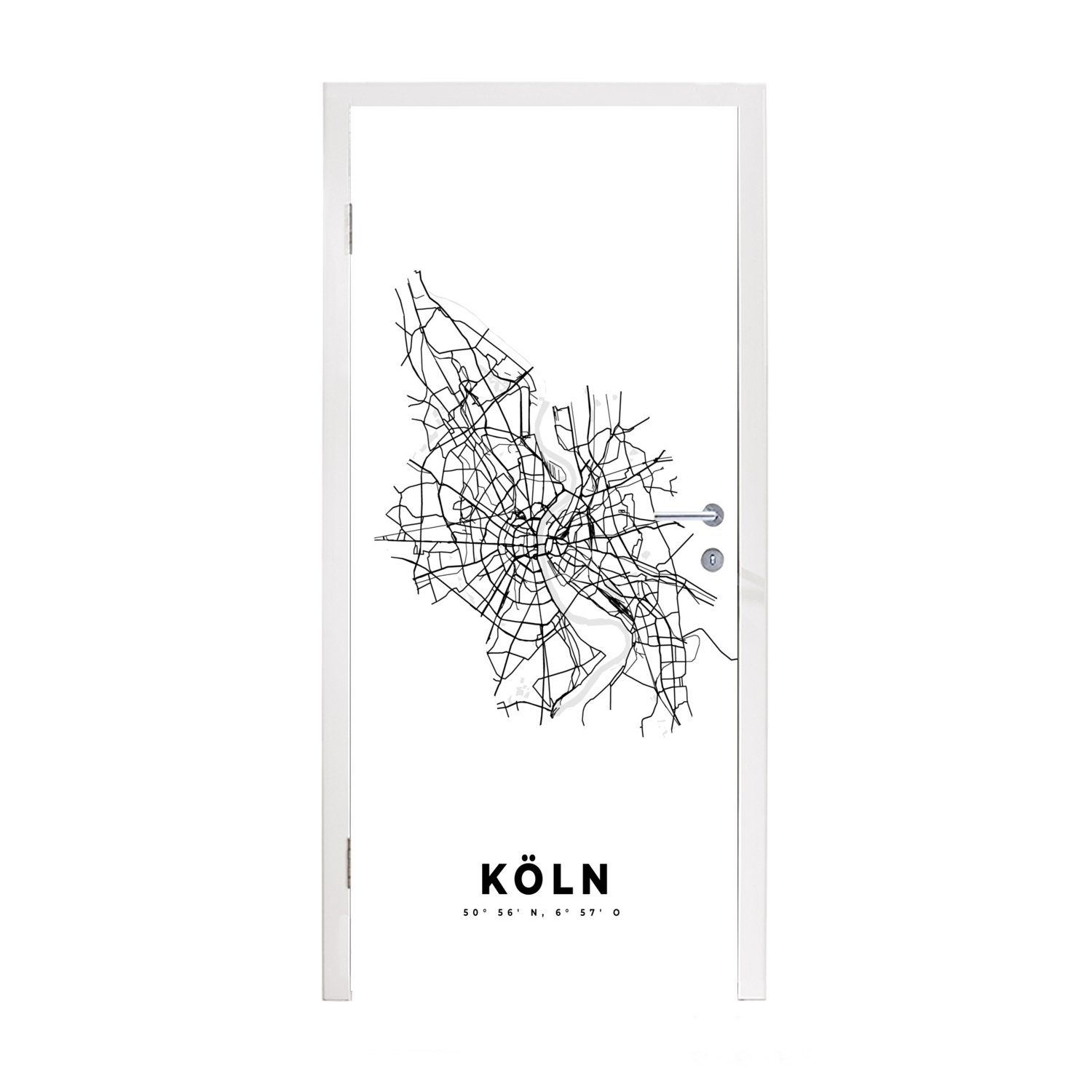 MuchoWow Türtapete Schwarz und weiß - Deutschland - Karte - Stadtplan - Köln, Matt, bedruckt, (1 St), Fototapete für Tür, Türaufkleber, 75x205 cm