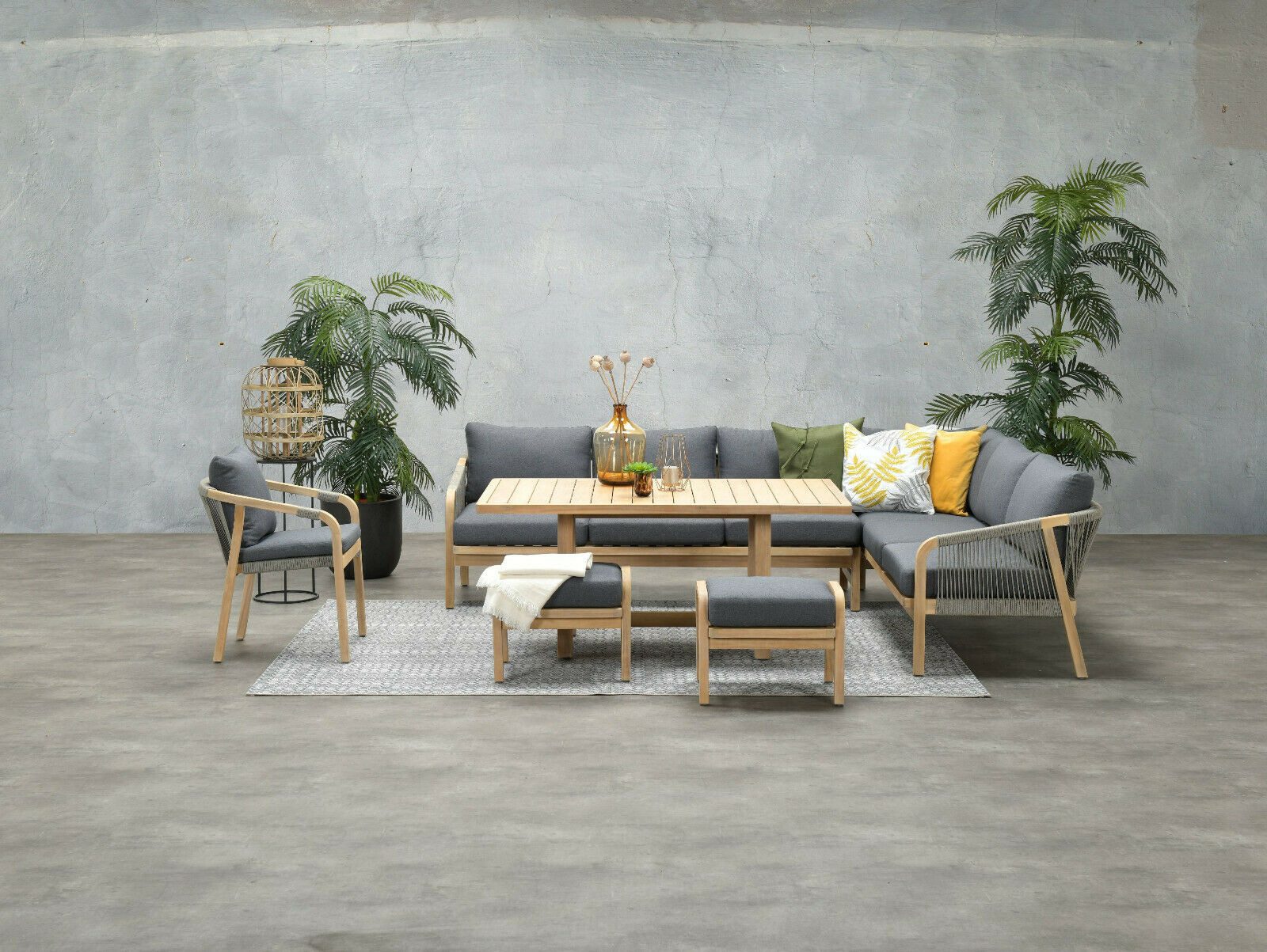 Garden Impressions Gartenlounge-Set "Santos rechts", Gartenmöbelset, (Set, Akazie, Ecklounge, Esstisch, Sessel, 2 Hocker, inkl. Auflagen), inkl. wasserabweisende Kissen, Rope Geflecht
