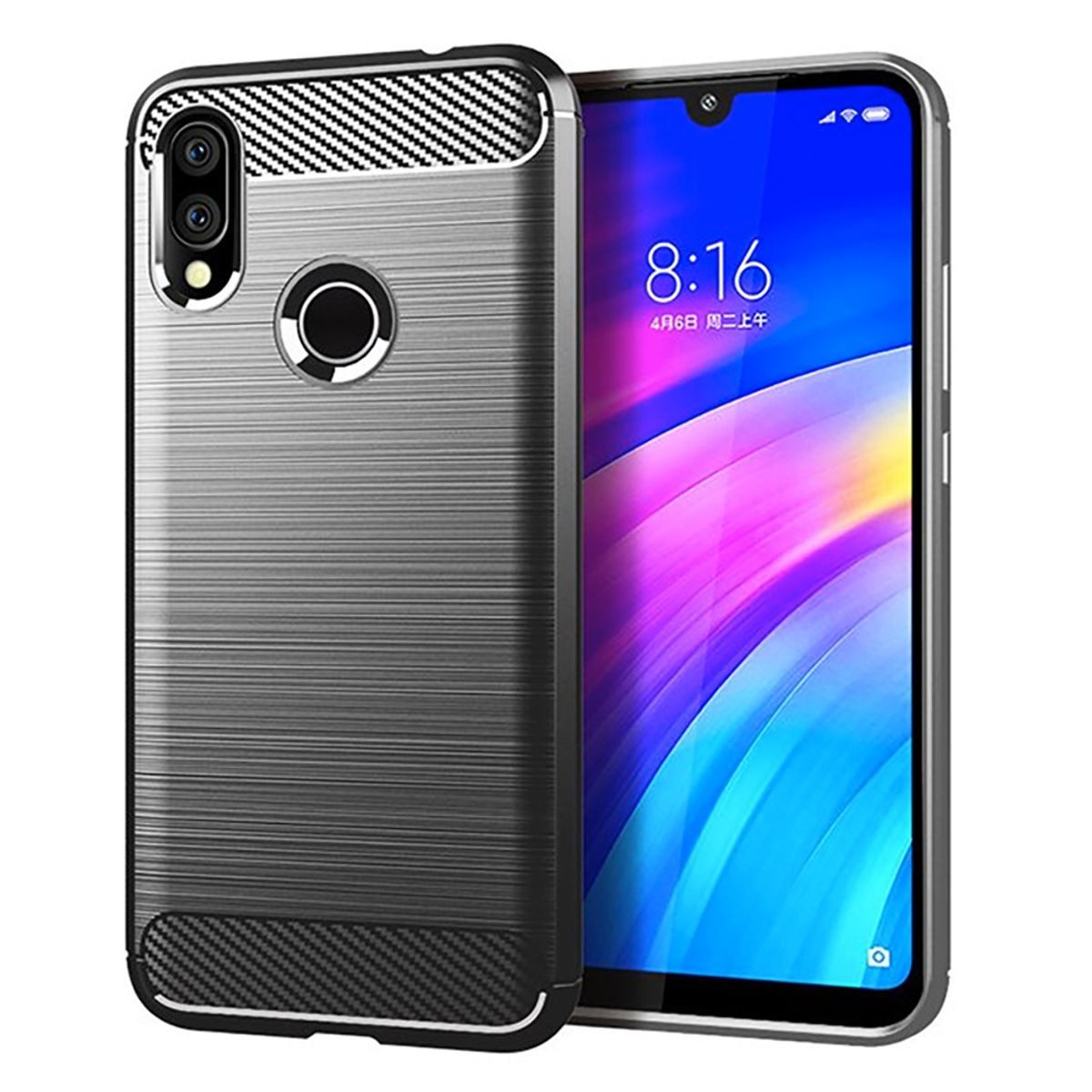 König Design Handyhülle Xiaomi Redmi 7, Xiaomi Redmi 7 Handyhülle Carbon Optik Backcover Grau