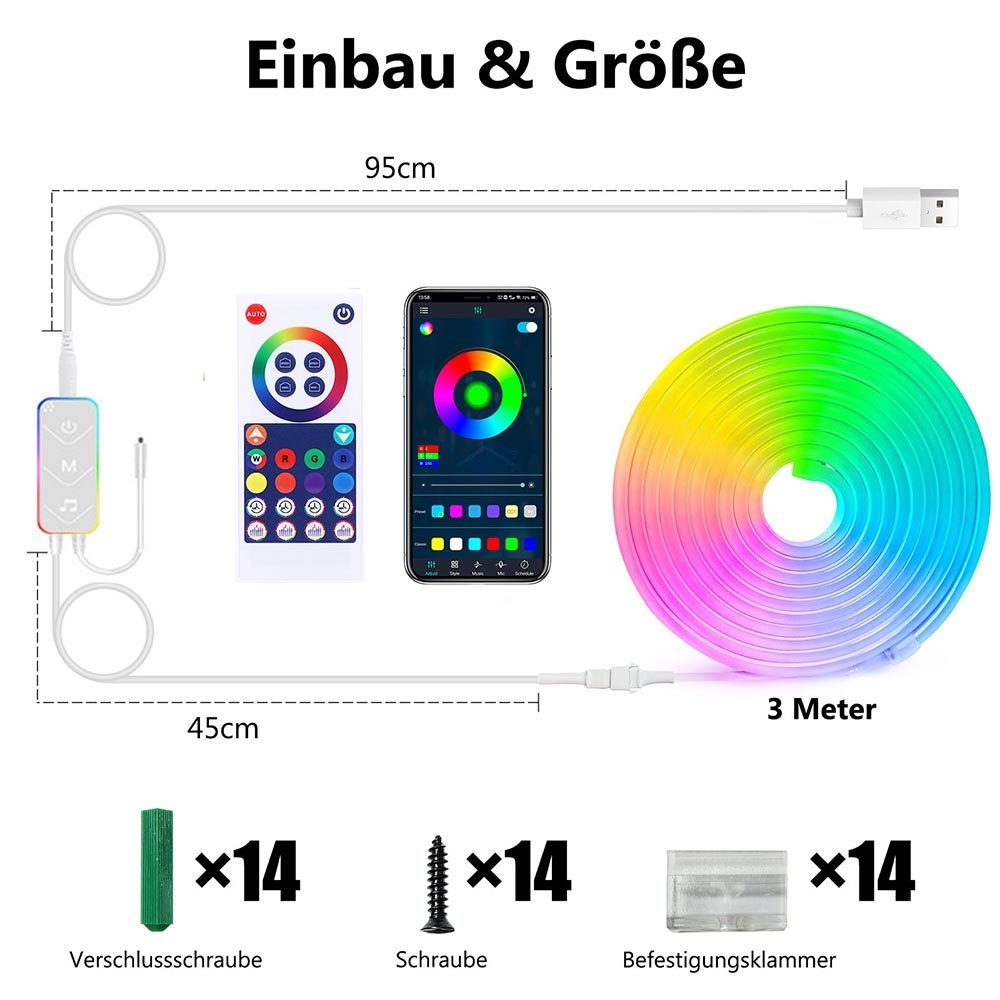 Rosnek LED Stripe 3M, Smart, Musiksyn, und DIY, für Gaming wasserdicht, Zimmer Deko, Fernbedienung App Party RGB, Schlafzimmer